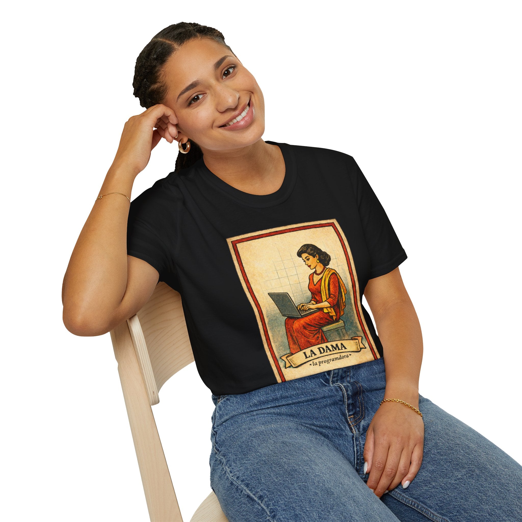 La Dama Laptop Tee — Vintage Lotería Style T-Shirt