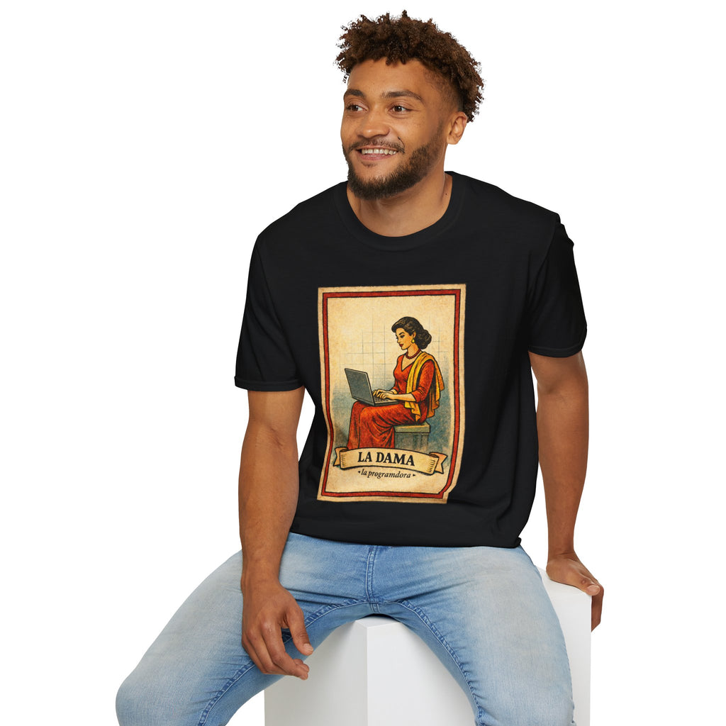 La Dama Laptop Tee — Vintage Lotería Style T-Shirt