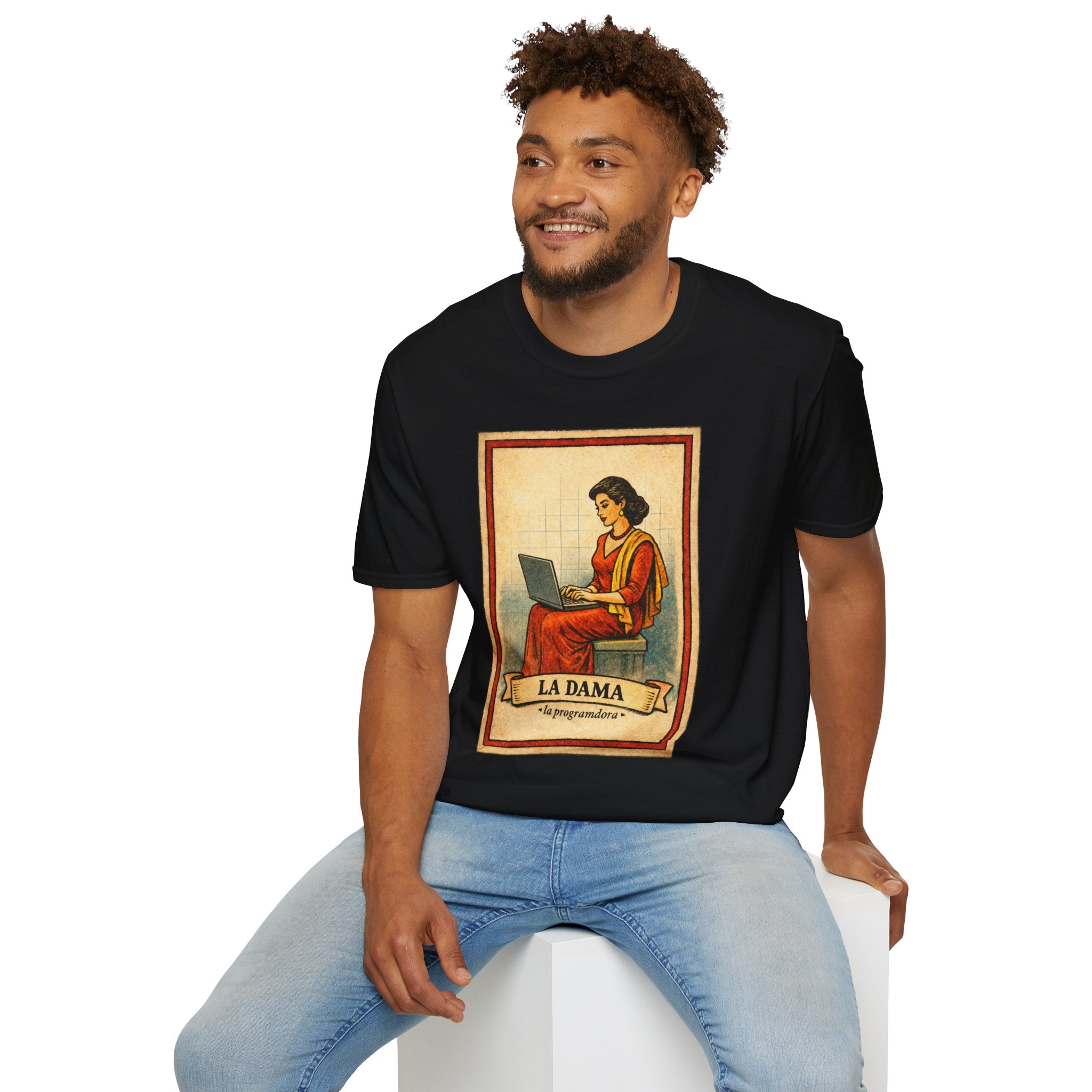 La Dama Laptop Tee — Vintage Lotería Style T-Shirt