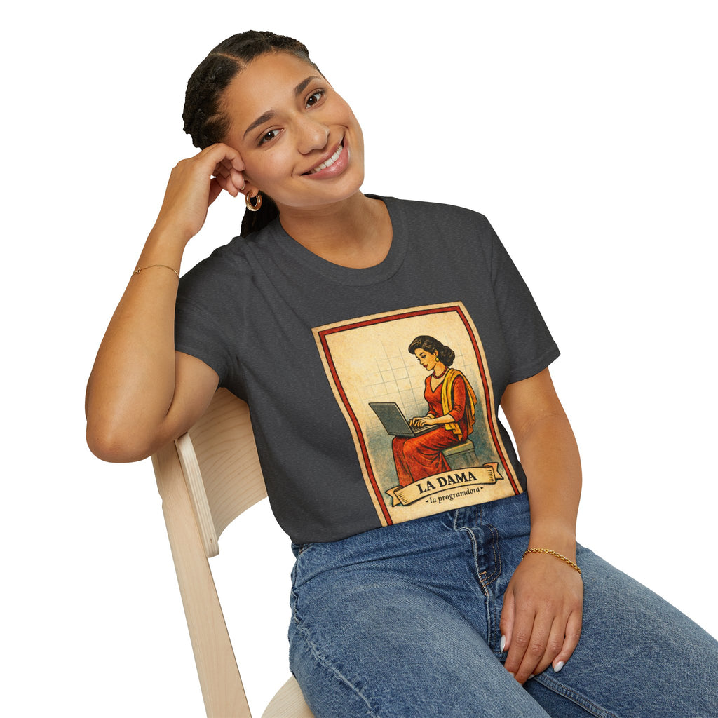 La Dama Laptop Tee — Vintage Lotería Style T-Shirt