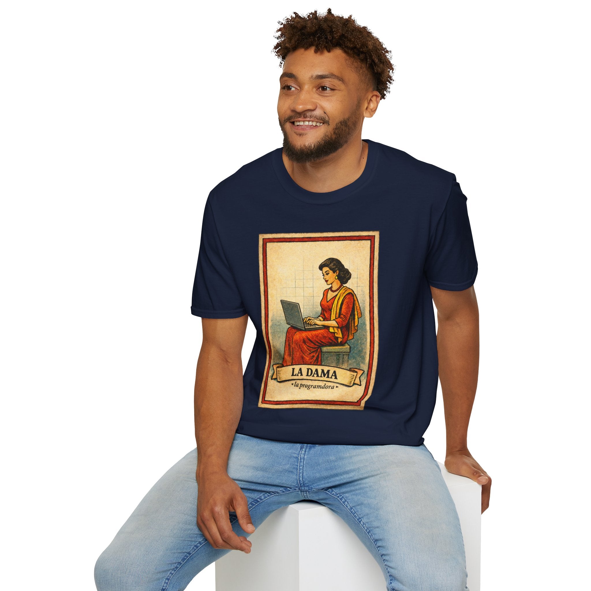 La Dama Laptop Tee — Vintage Lotería Style T-Shirt