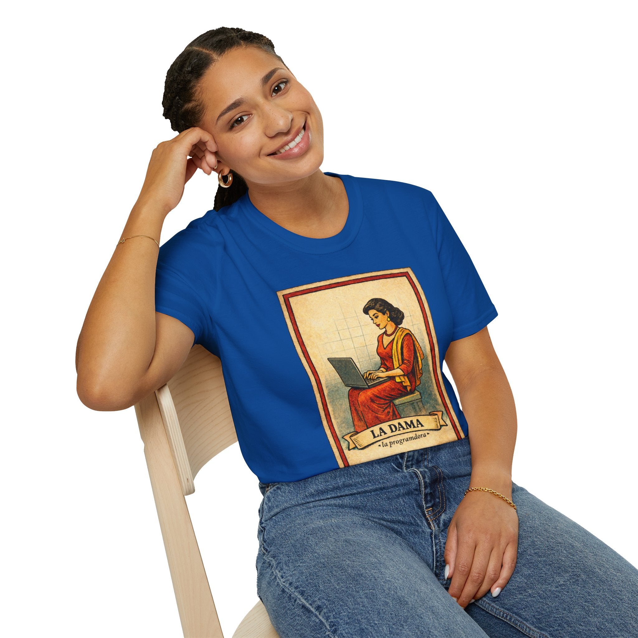 La Dama Laptop Tee — Vintage Lotería Style T-Shirt