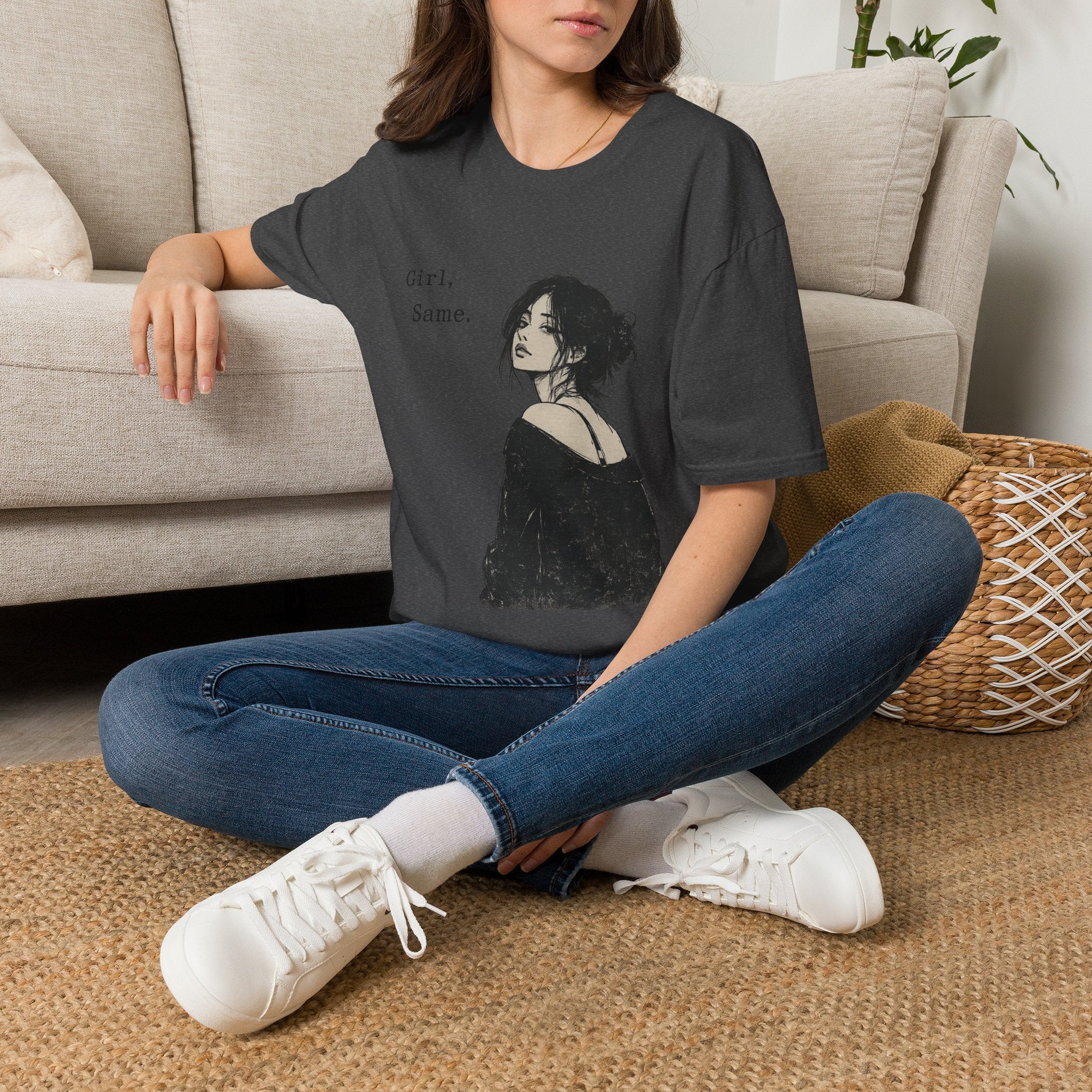 Girl, Same. T-Shirt — Graphic Casual Tee with Moody Portrait