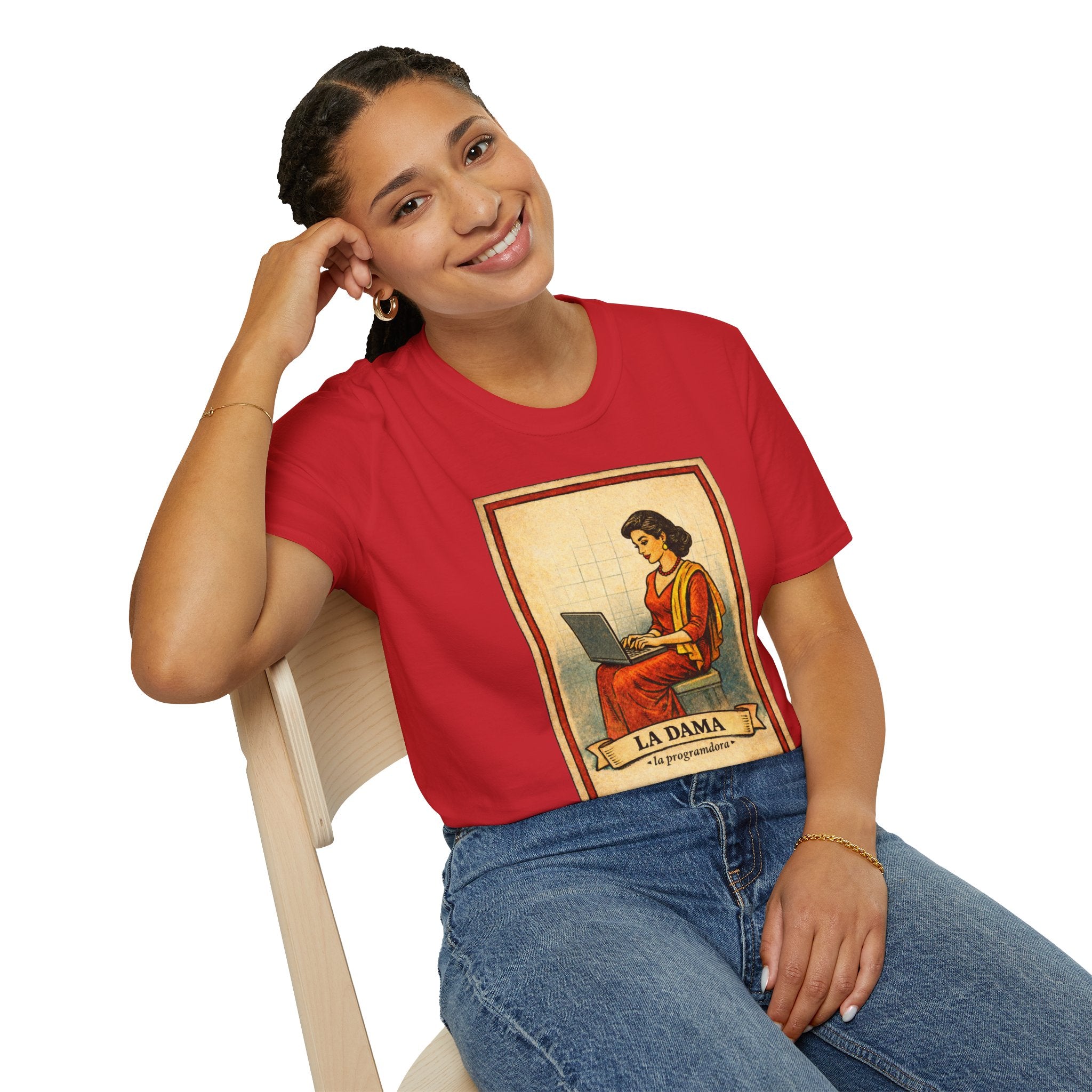 La Dama Laptop Tee — Vintage Lotería Style T-Shirt