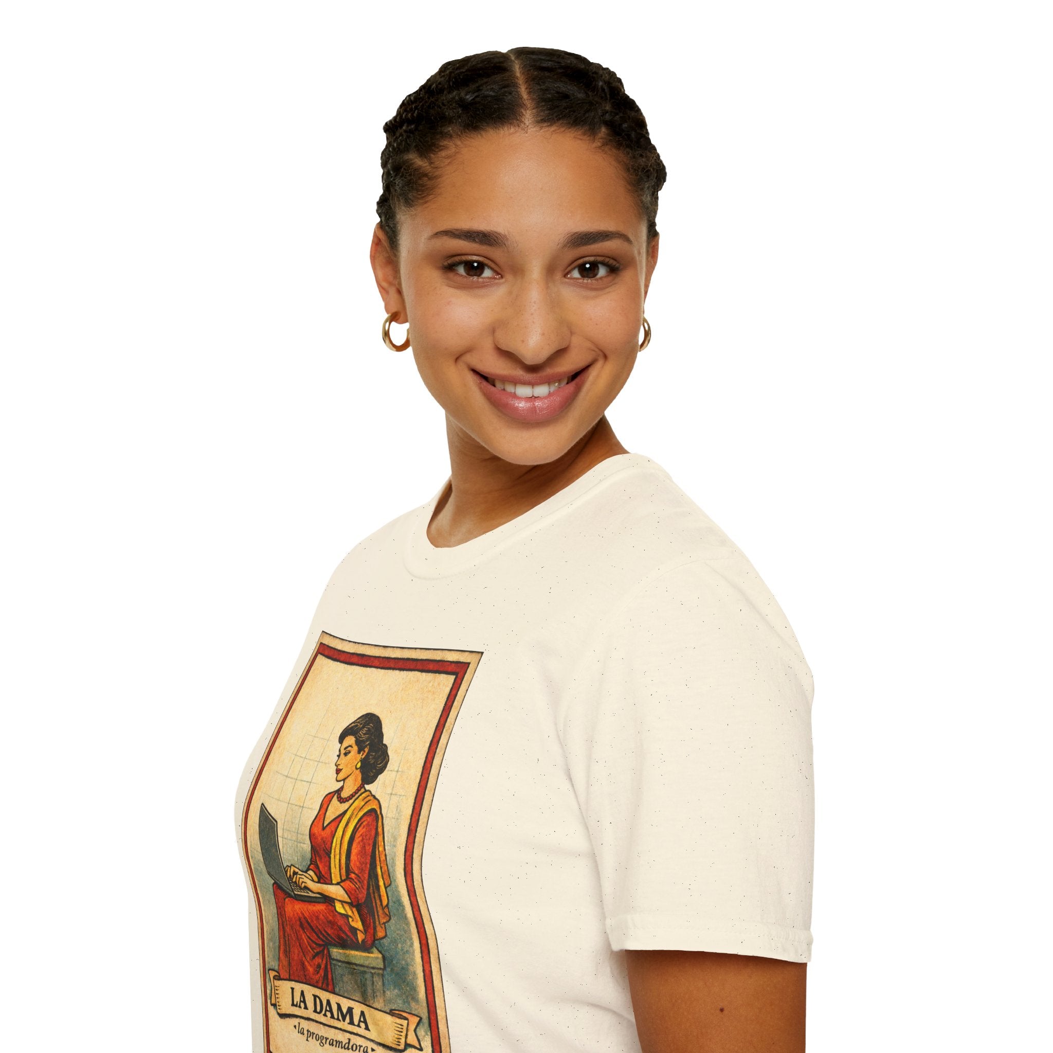 La Dama Laptop Tee — Vintage Lotería Style T-Shirt