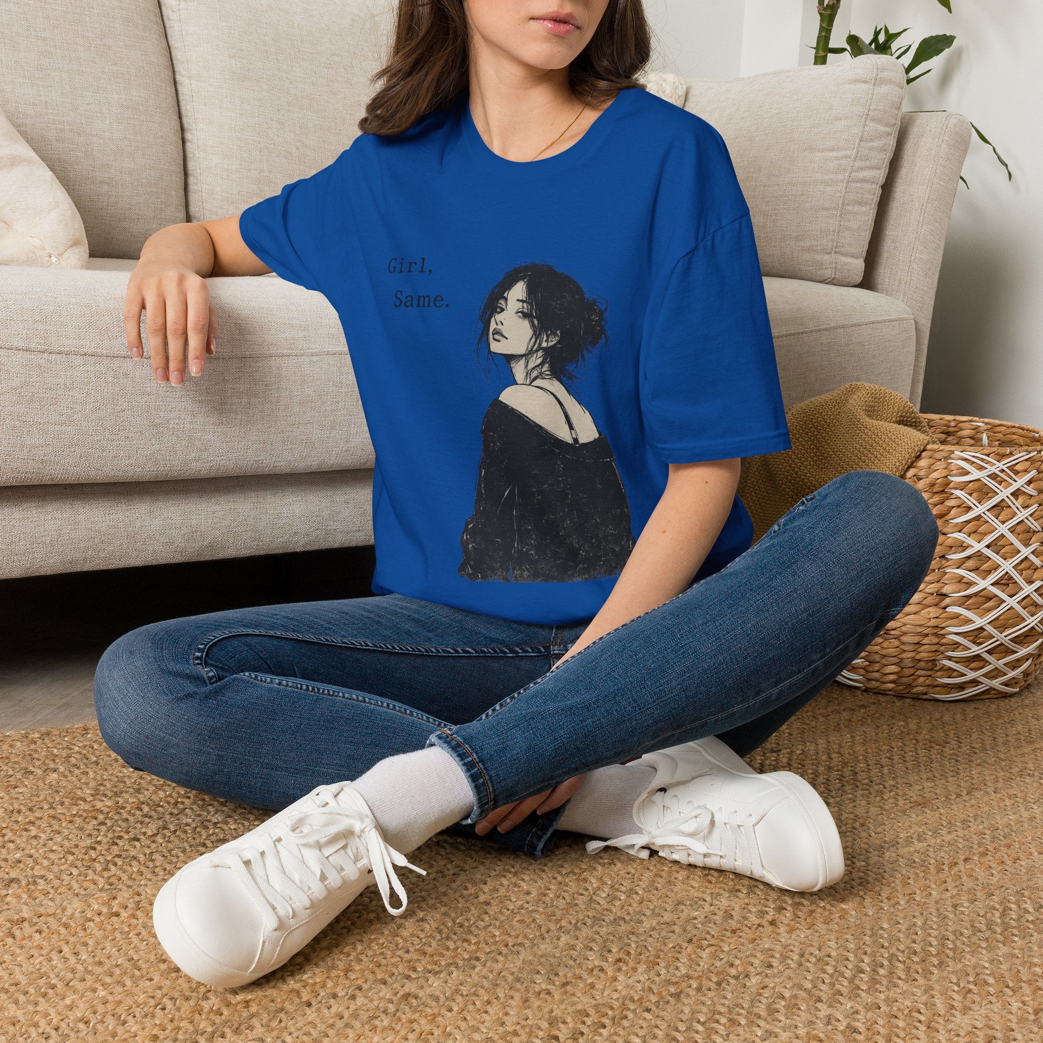 Girl, Same. T-Shirt — Graphic Casual Tee with Moody Portrait