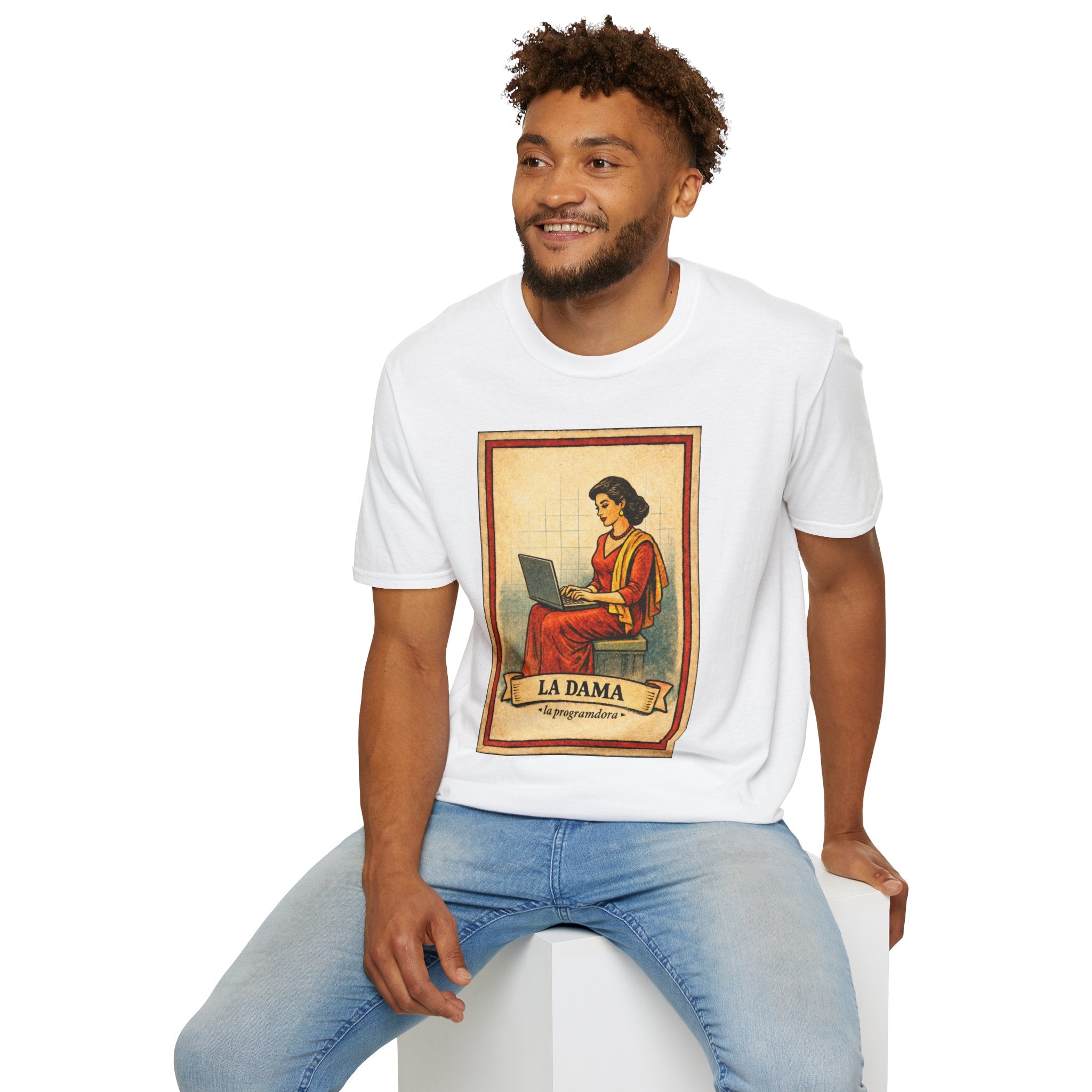 La Dama Laptop Tee — Vintage Lotería Style T-Shirt