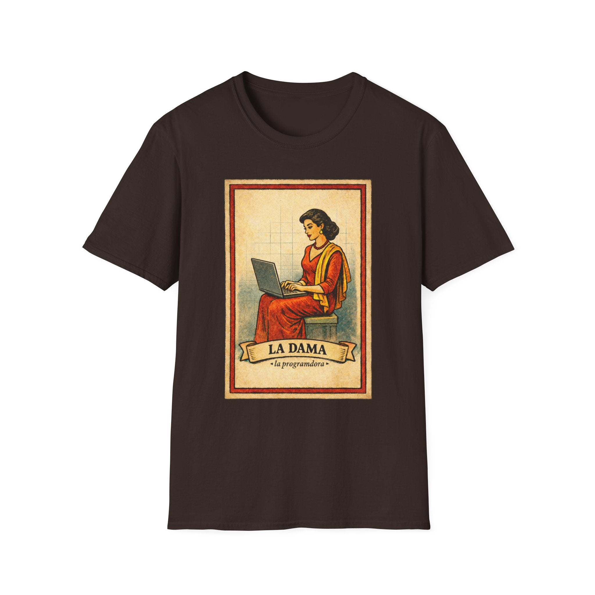 La Dama Laptop Tee — Vintage Lotería Style T-Shirt