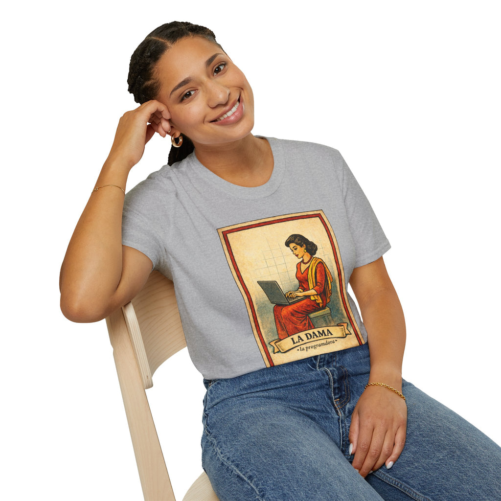 La Dama Laptop Tee — Vintage Lotería Style T-Shirt