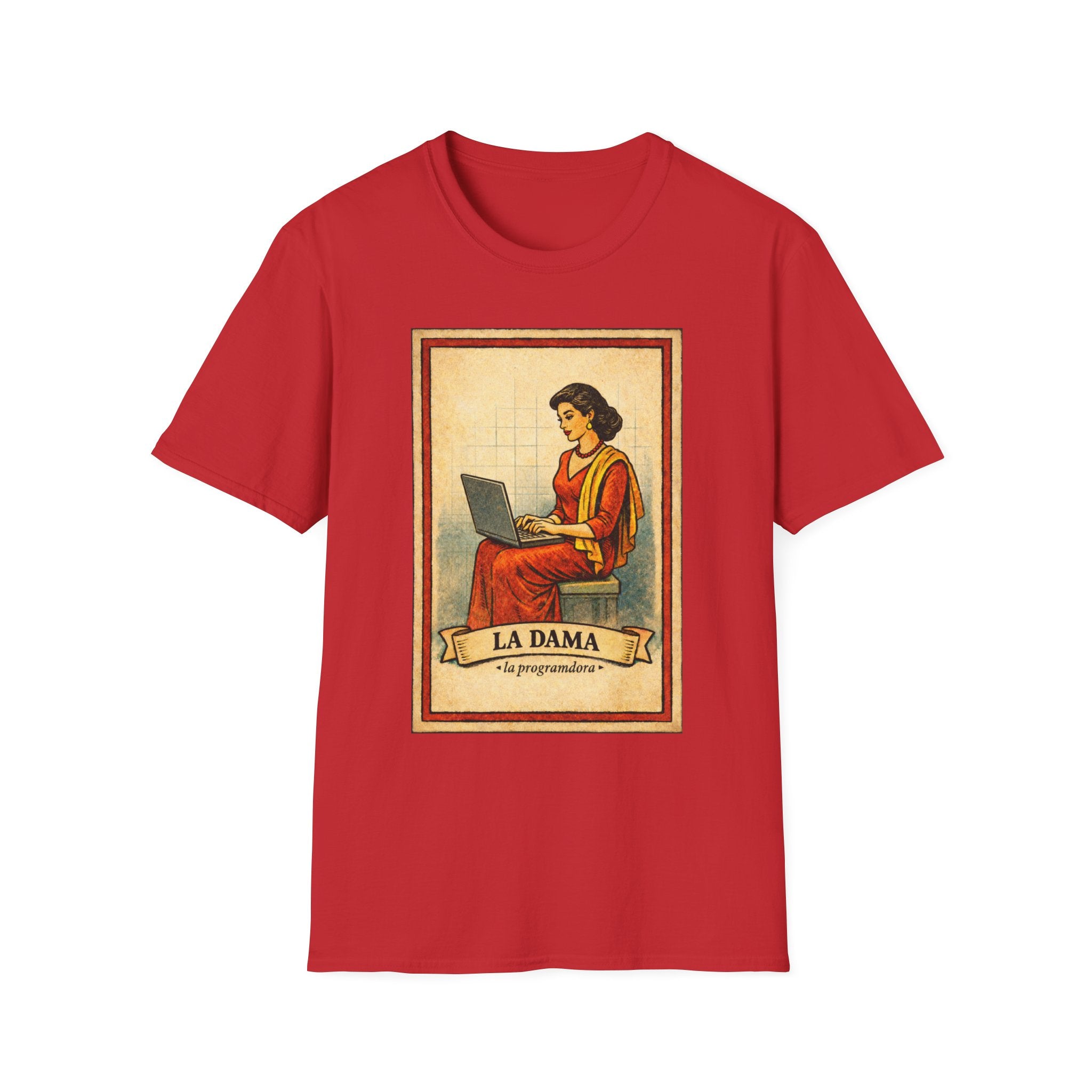 La Dama Laptop Tee — Vintage Lotería Style T-Shirt