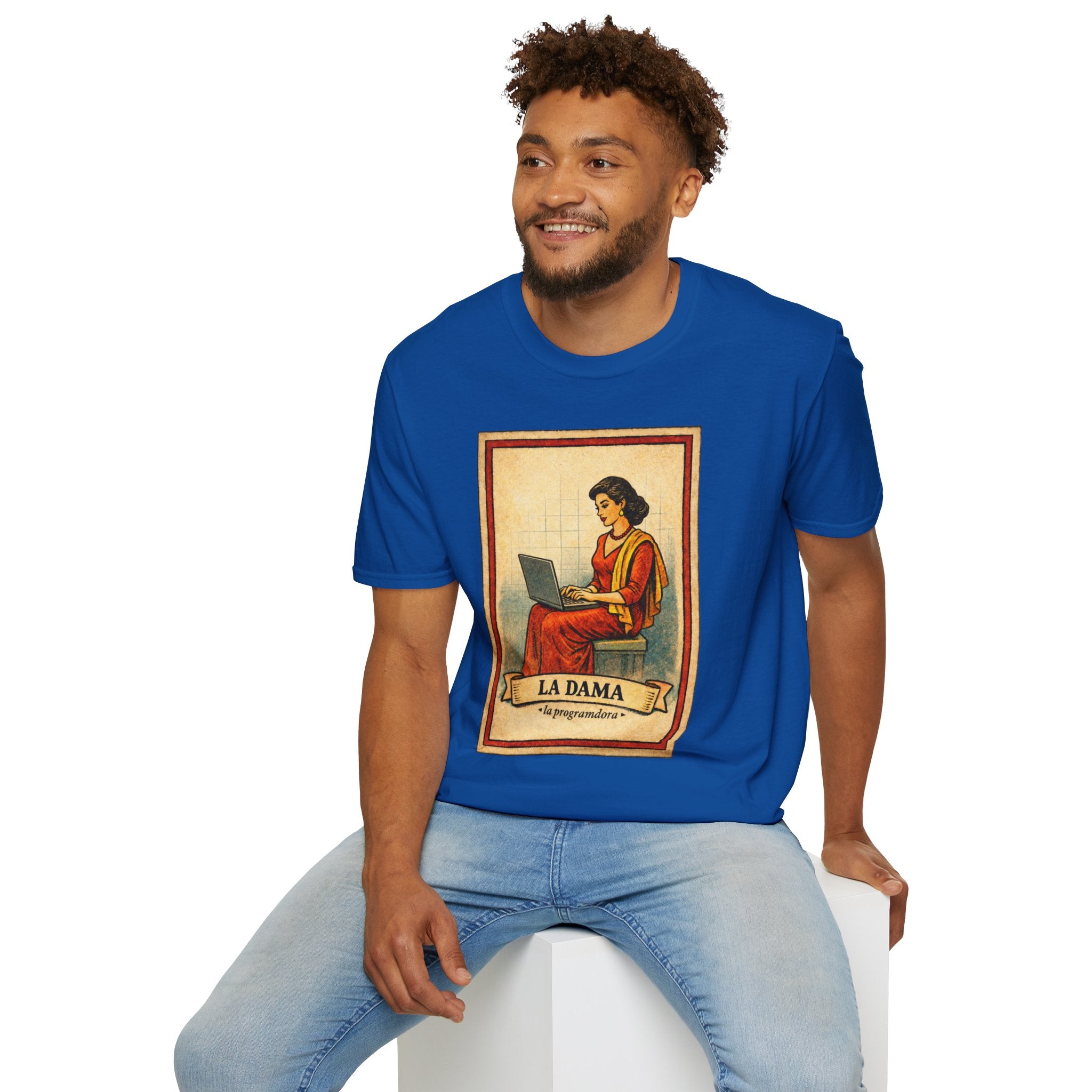 La Dama Laptop Tee — Vintage Lotería Style T-Shirt