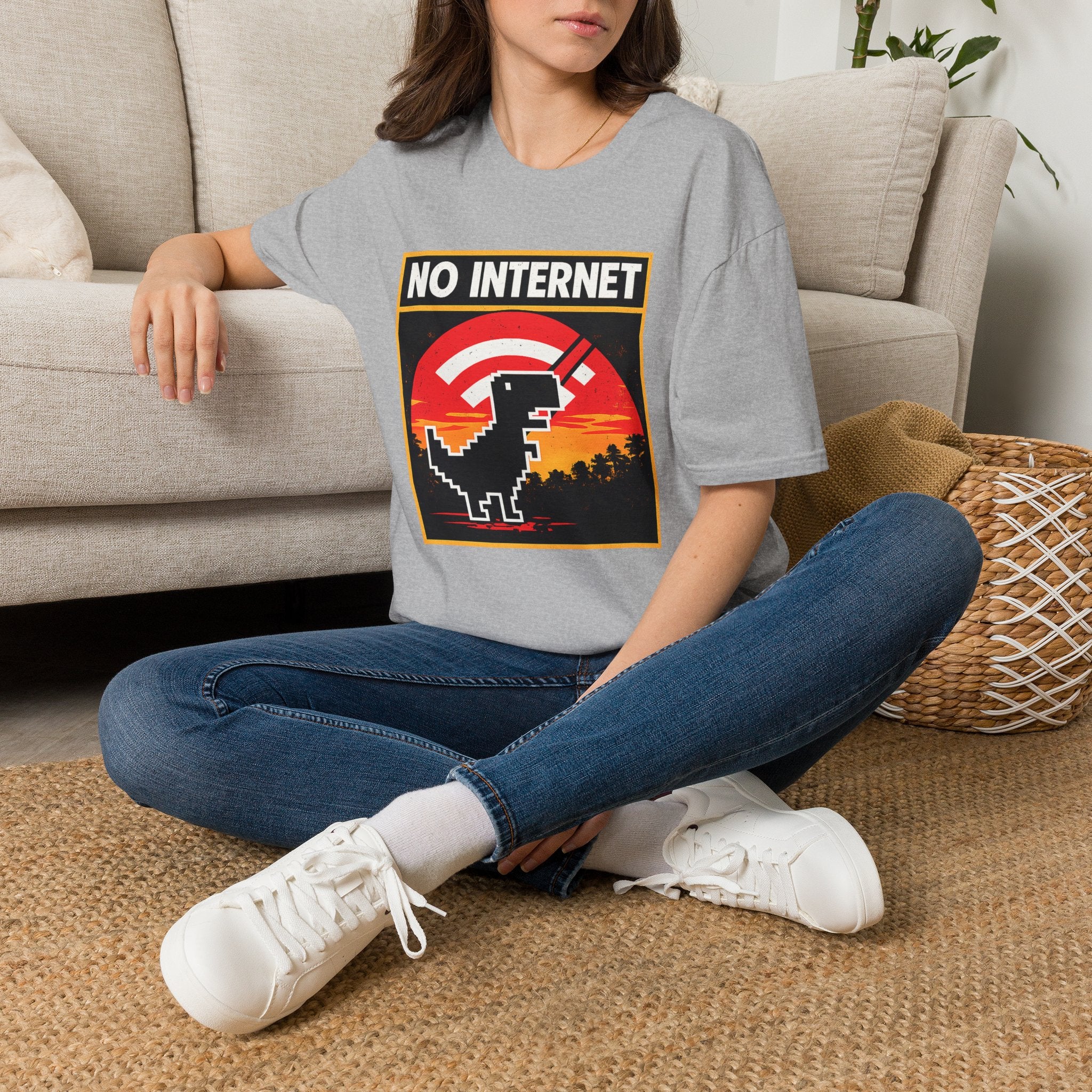 No Internet T-Shirt — Retro Dino Offline Graphic Tee