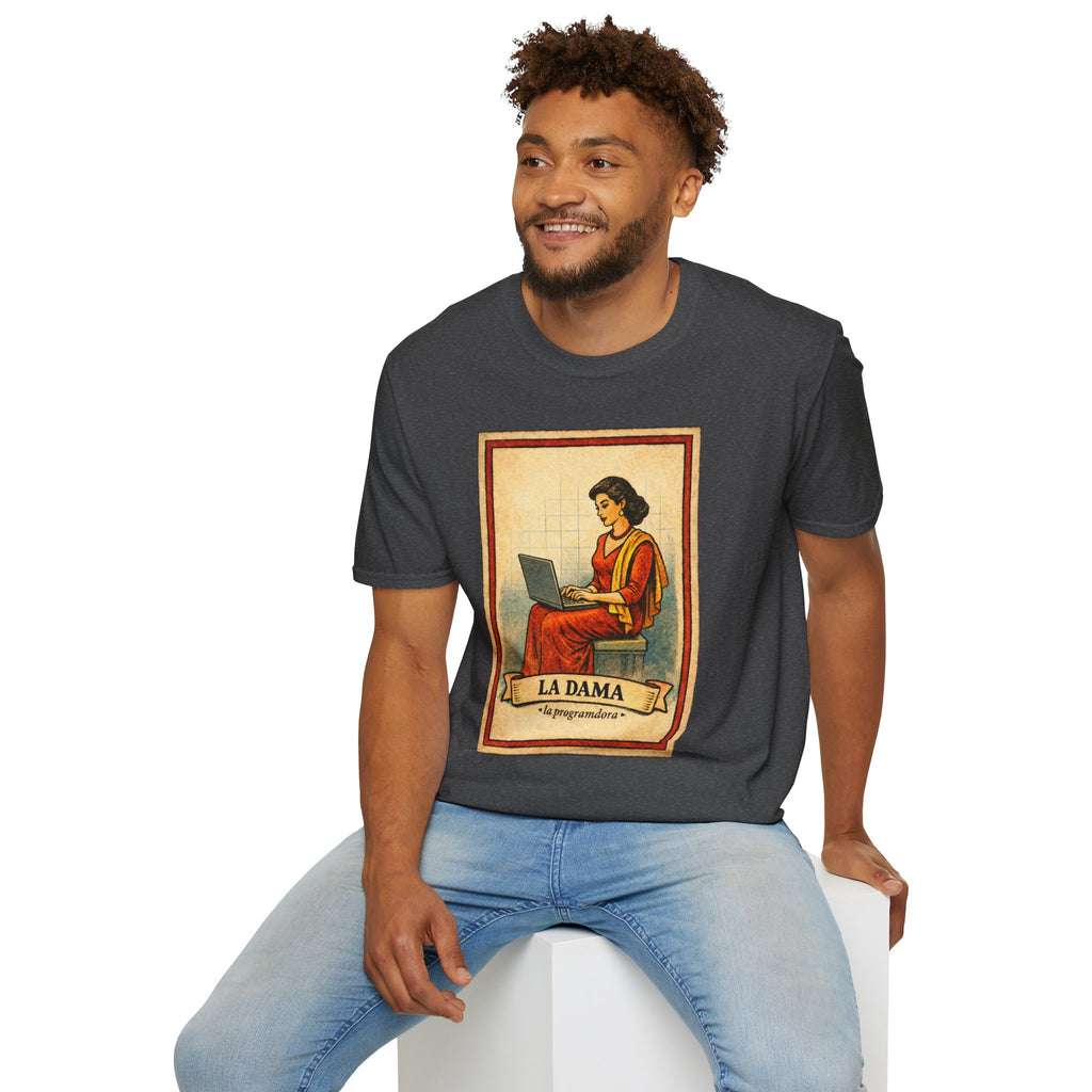 La Dama Laptop Tee — Vintage Lotería Style T-Shirt