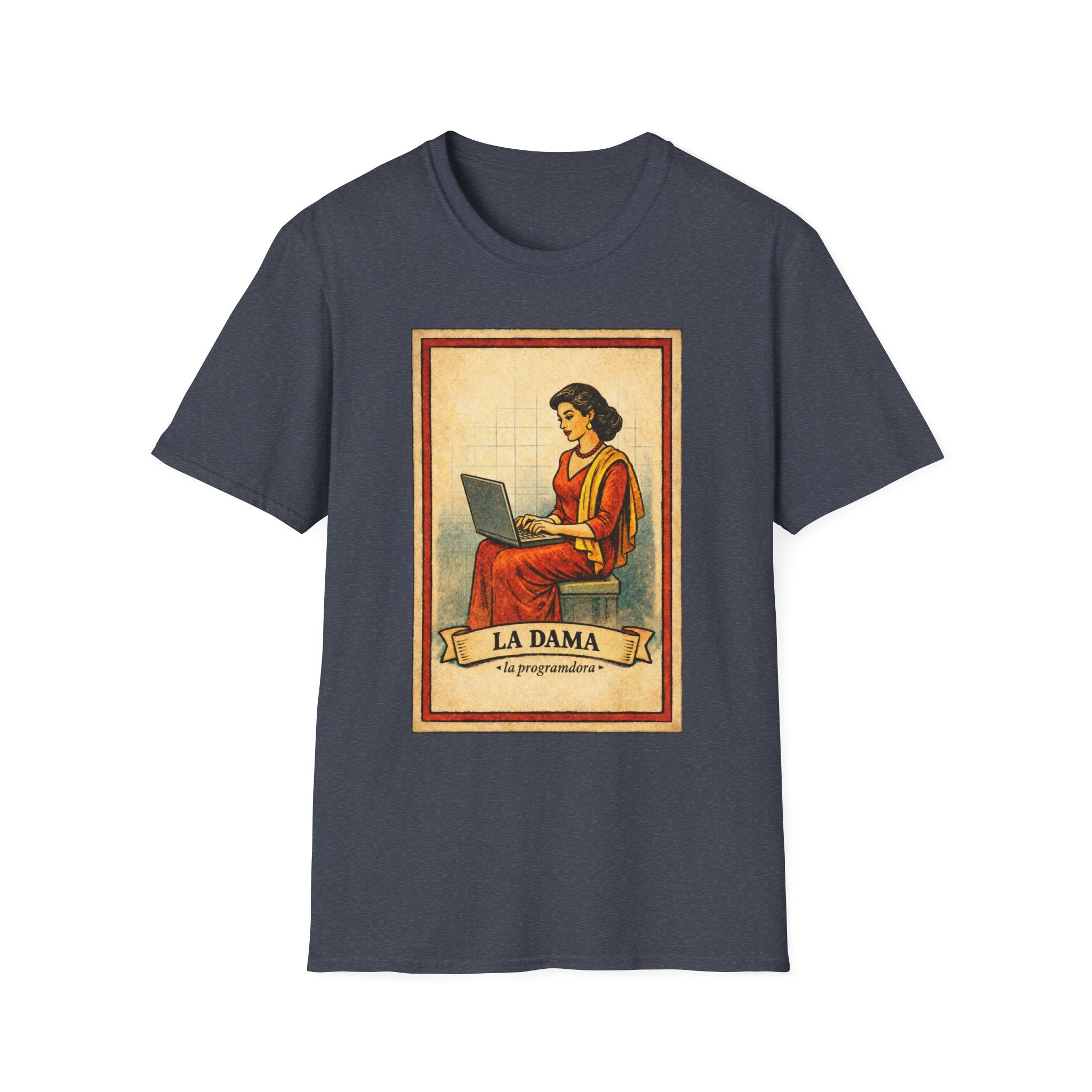 La Dama Laptop Tee — Vintage Lotería Style T-Shirt