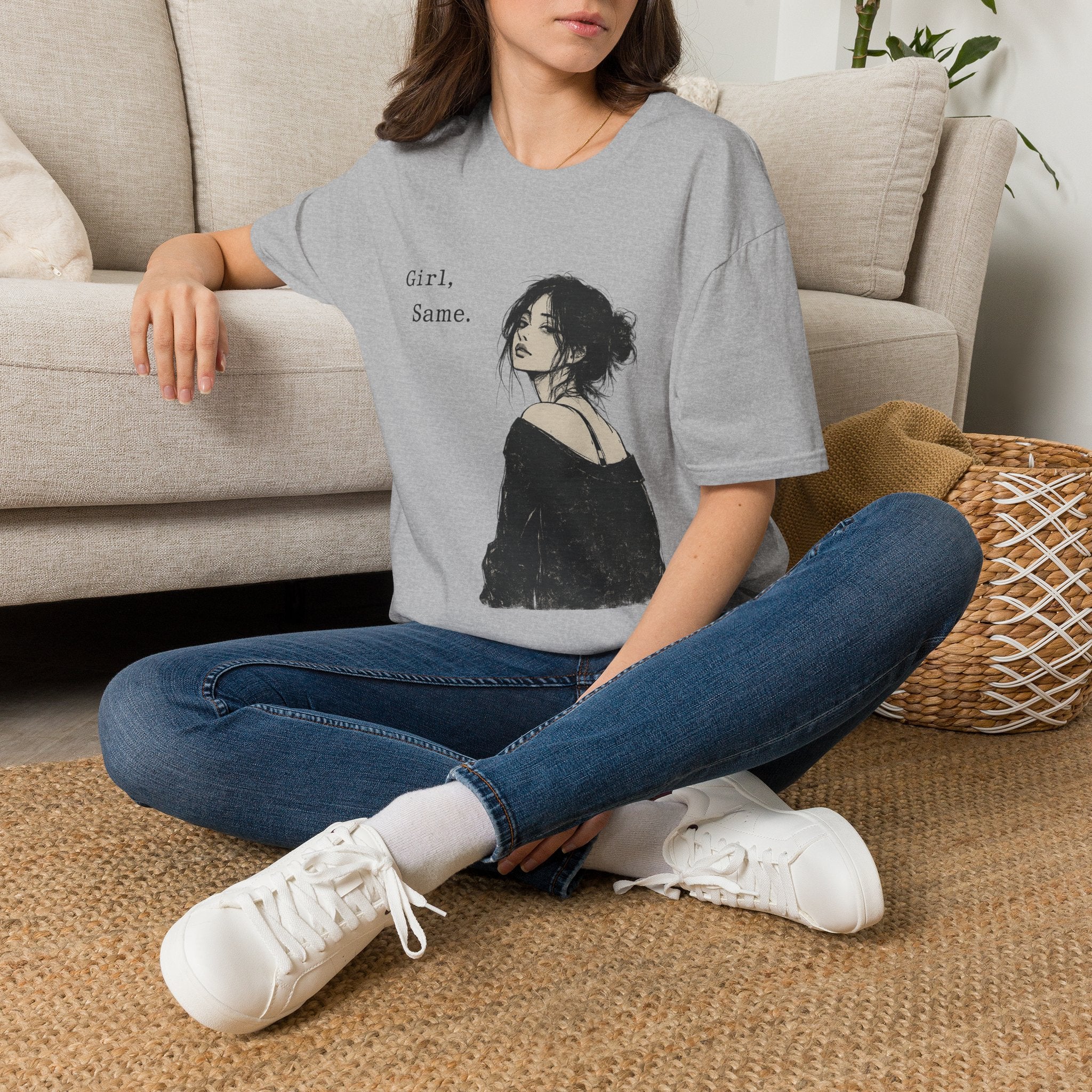 Girl, Same. T-Shirt — Graphic Casual Tee with Moody Portrait