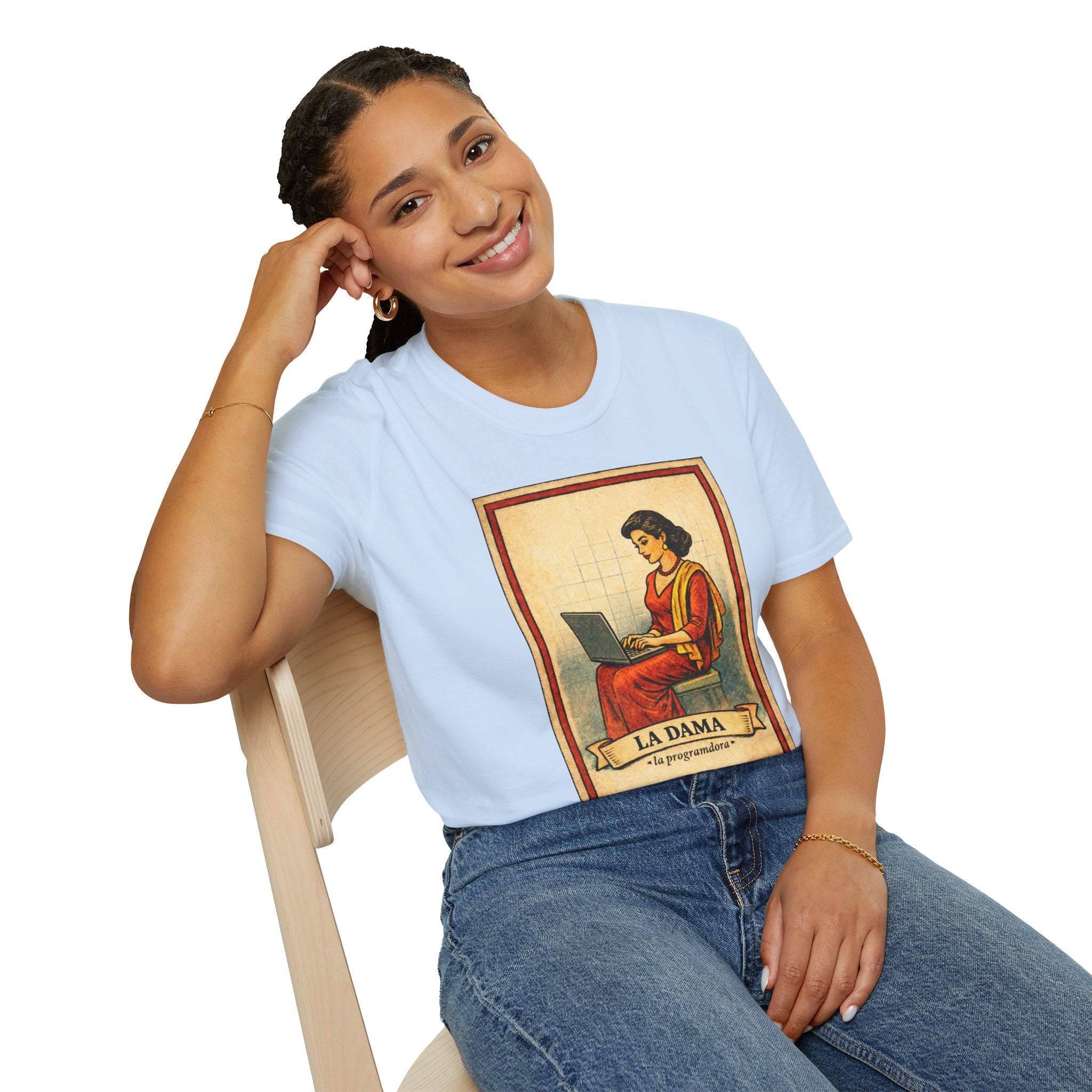 La Dama Laptop Tee — Vintage Lotería Style T-Shirt