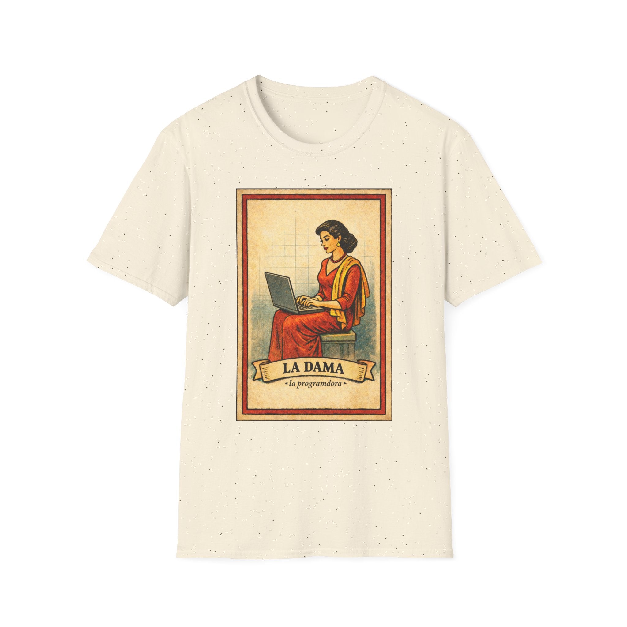 La Dama Laptop Tee — Vintage Lotería Style T-Shirt