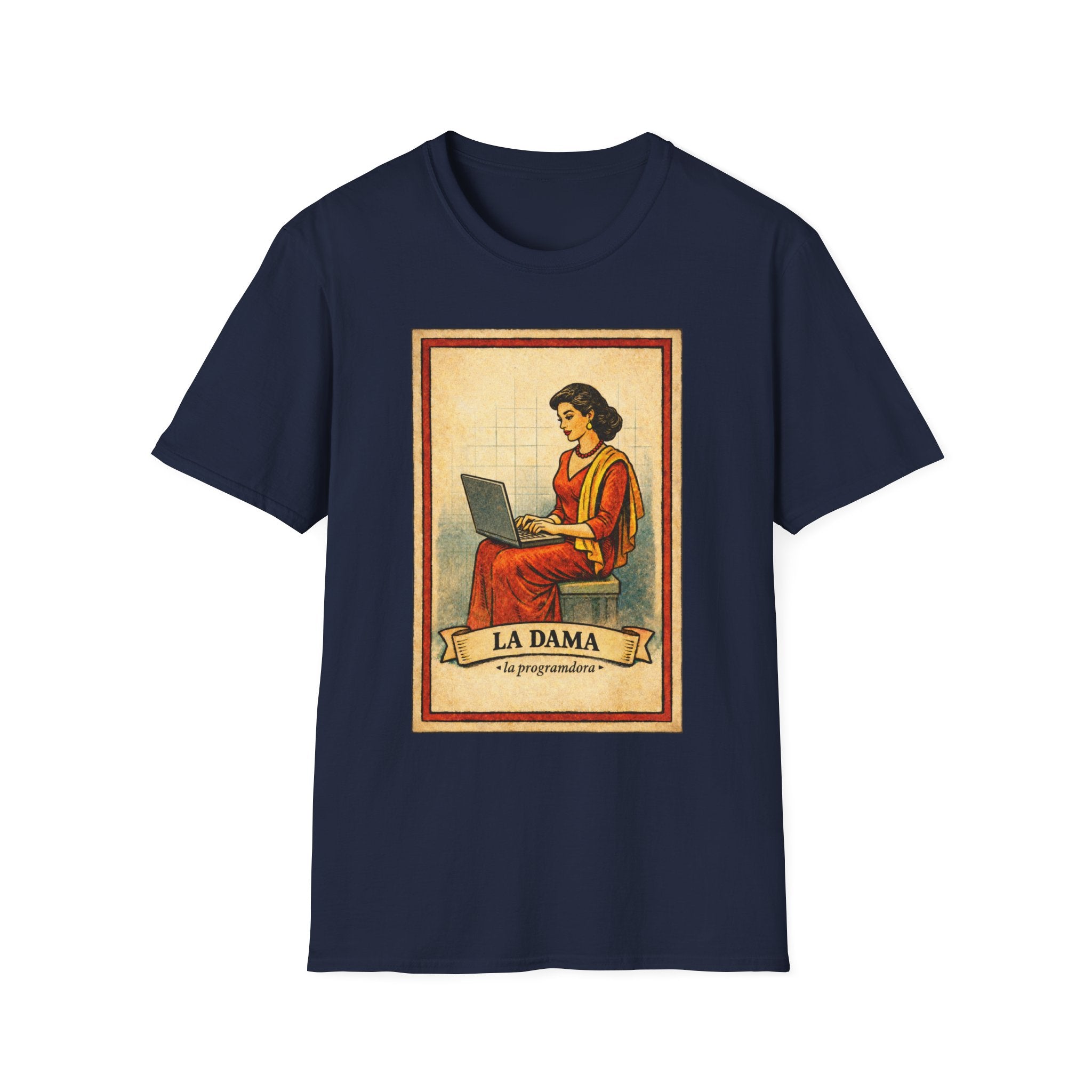 La Dama Laptop Tee — Vintage Lotería Style T-Shirt