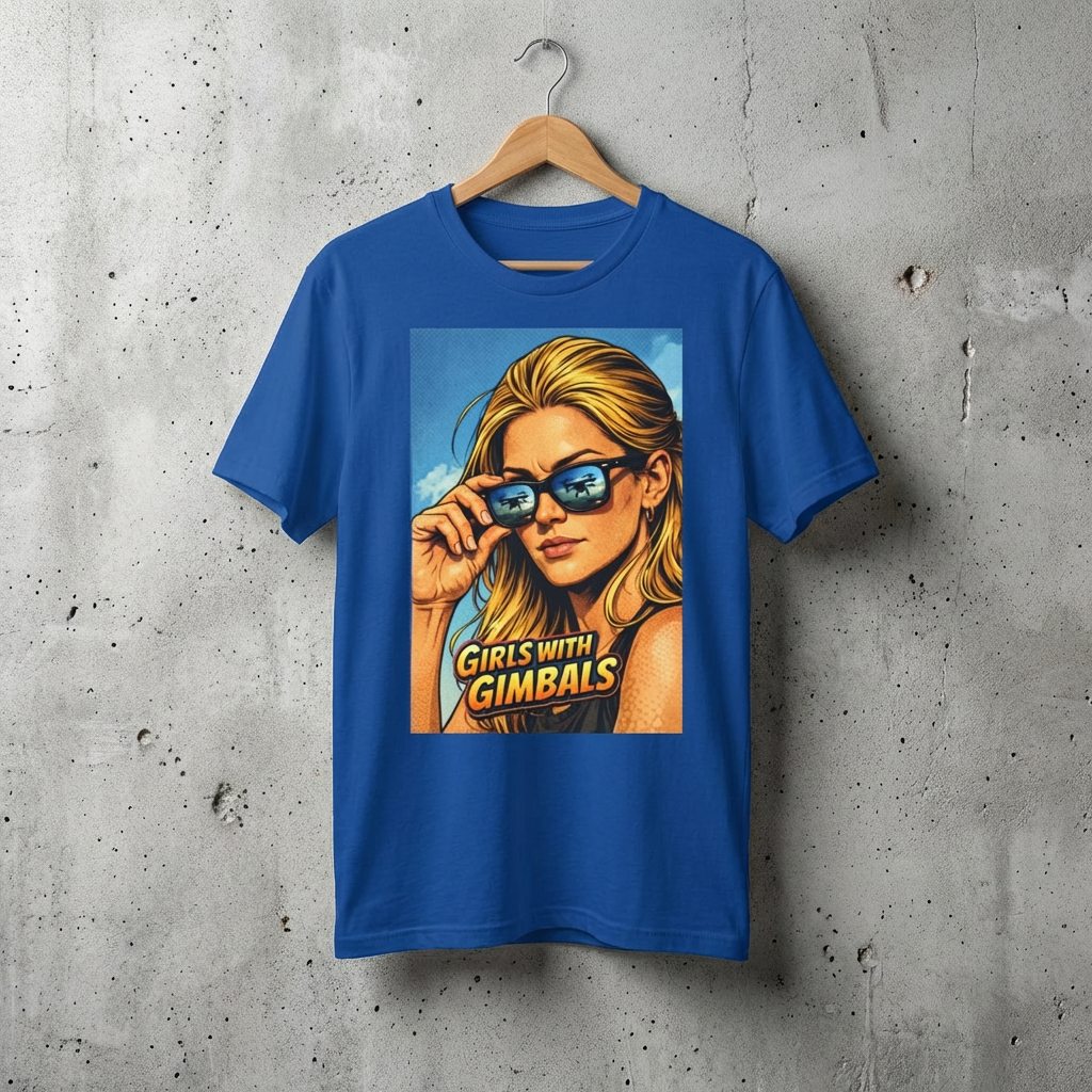 Blue t-shirt with a graphic of a woman wearing sunglasses and 'Girls with Gimbas' text, hanging on a wooden hanger against a concrete wall.