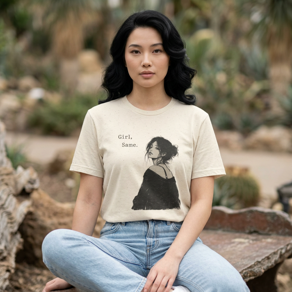 Girl, Same. T-Shirt — Graphic Casual Tee with Moody Portrait