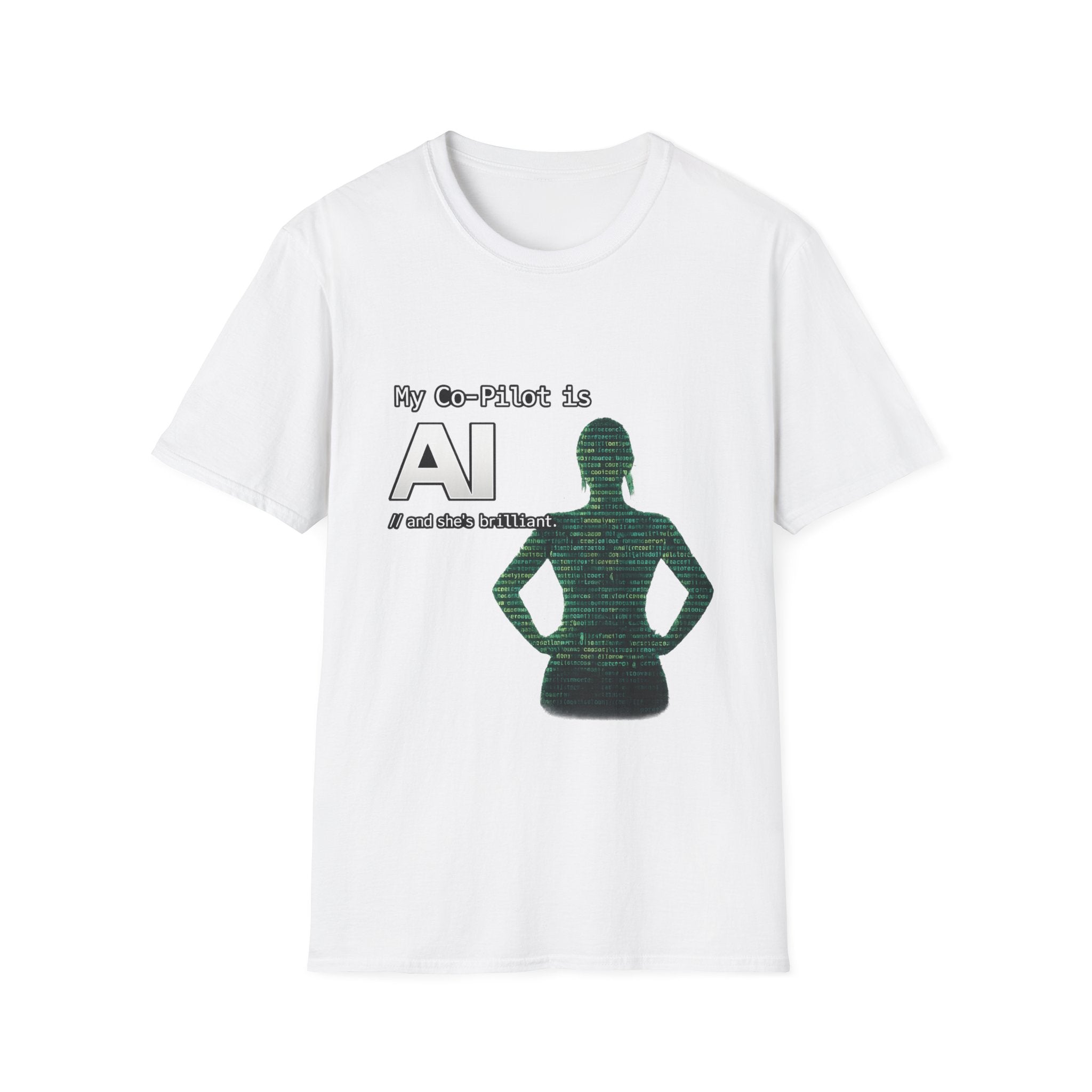 White t-shirt with a graphic design and text on a white background