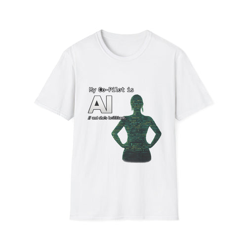 White t-shirt with a graphic design and text on a white background