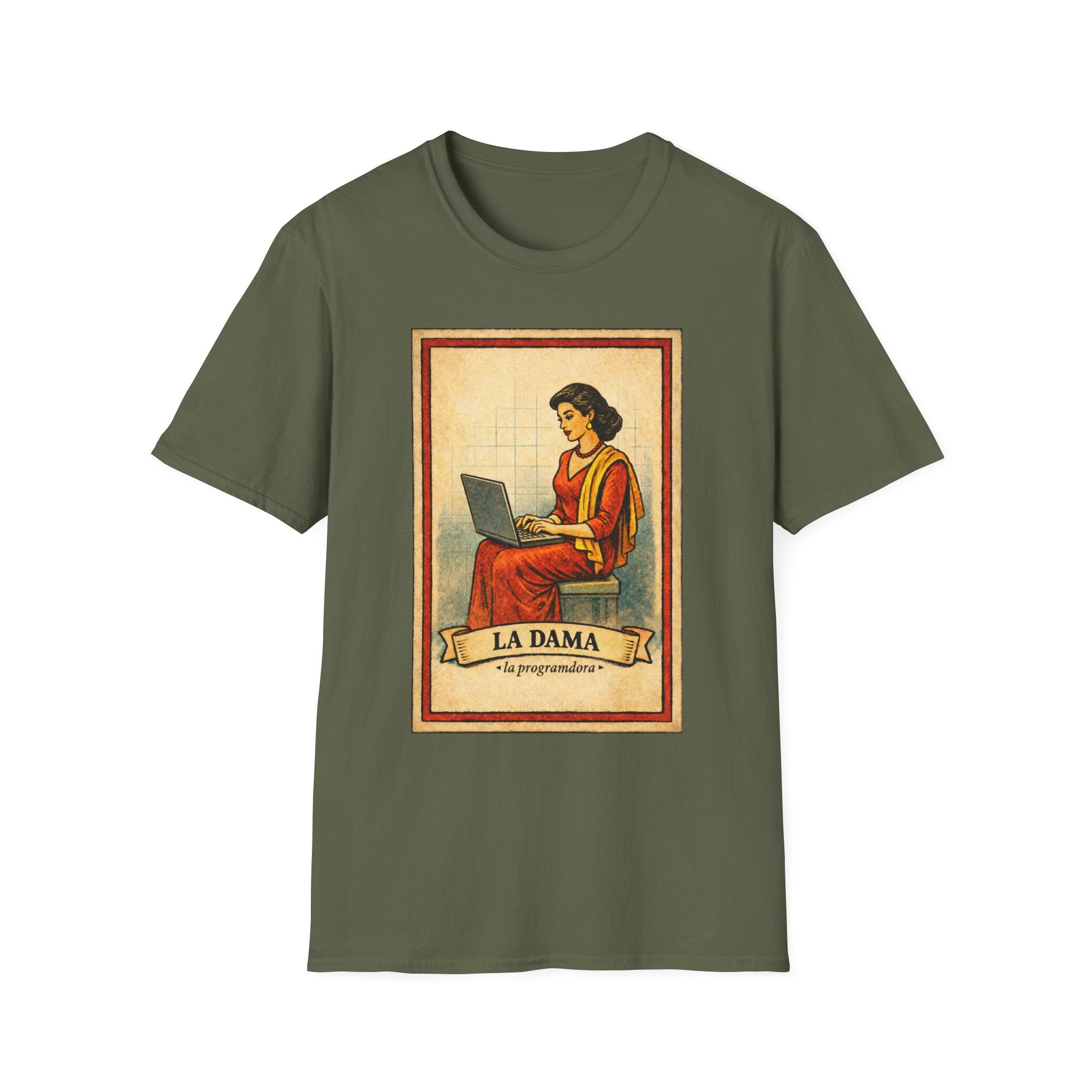 La Dama Laptop Tee — Vintage Lotería Style T-Shirt