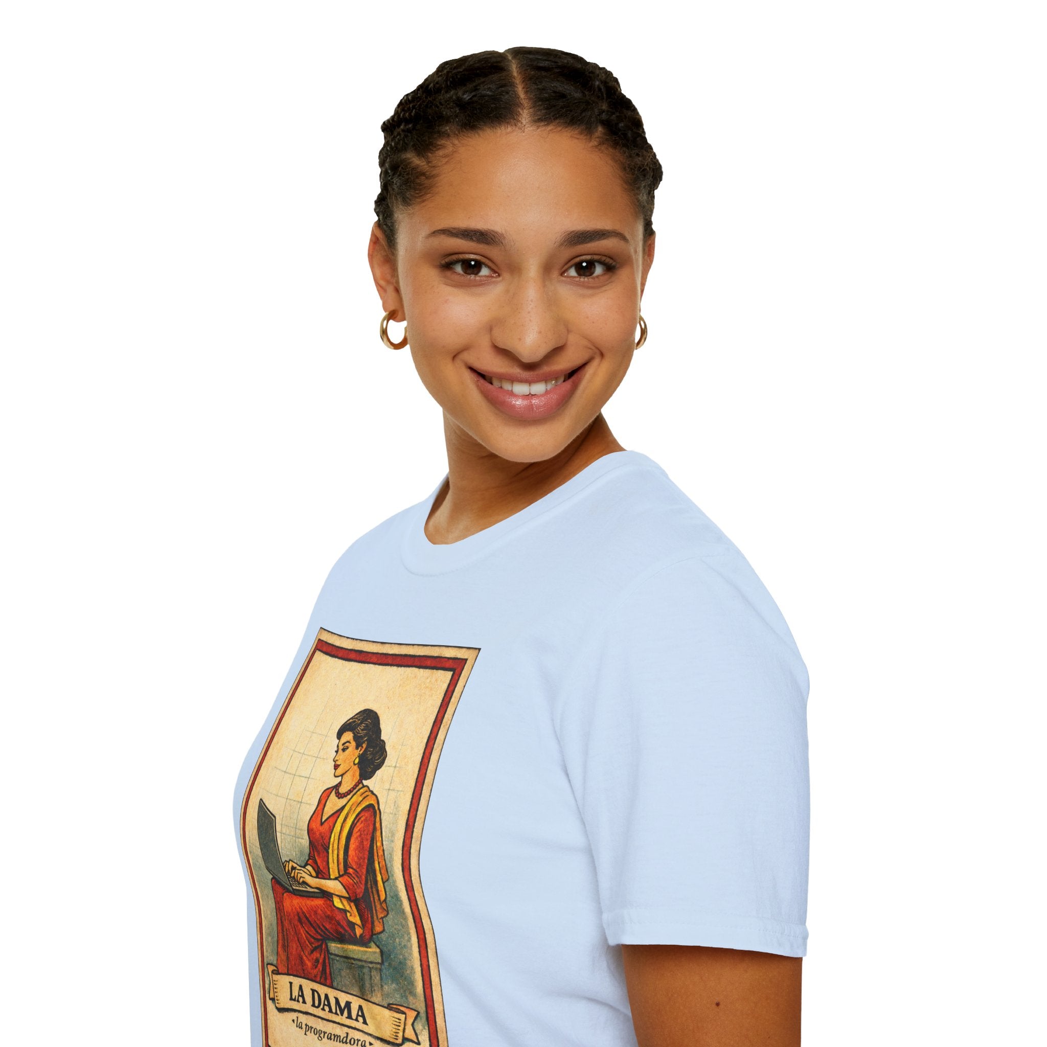 La Dama Laptop Tee — Vintage Lotería Style T-Shirt