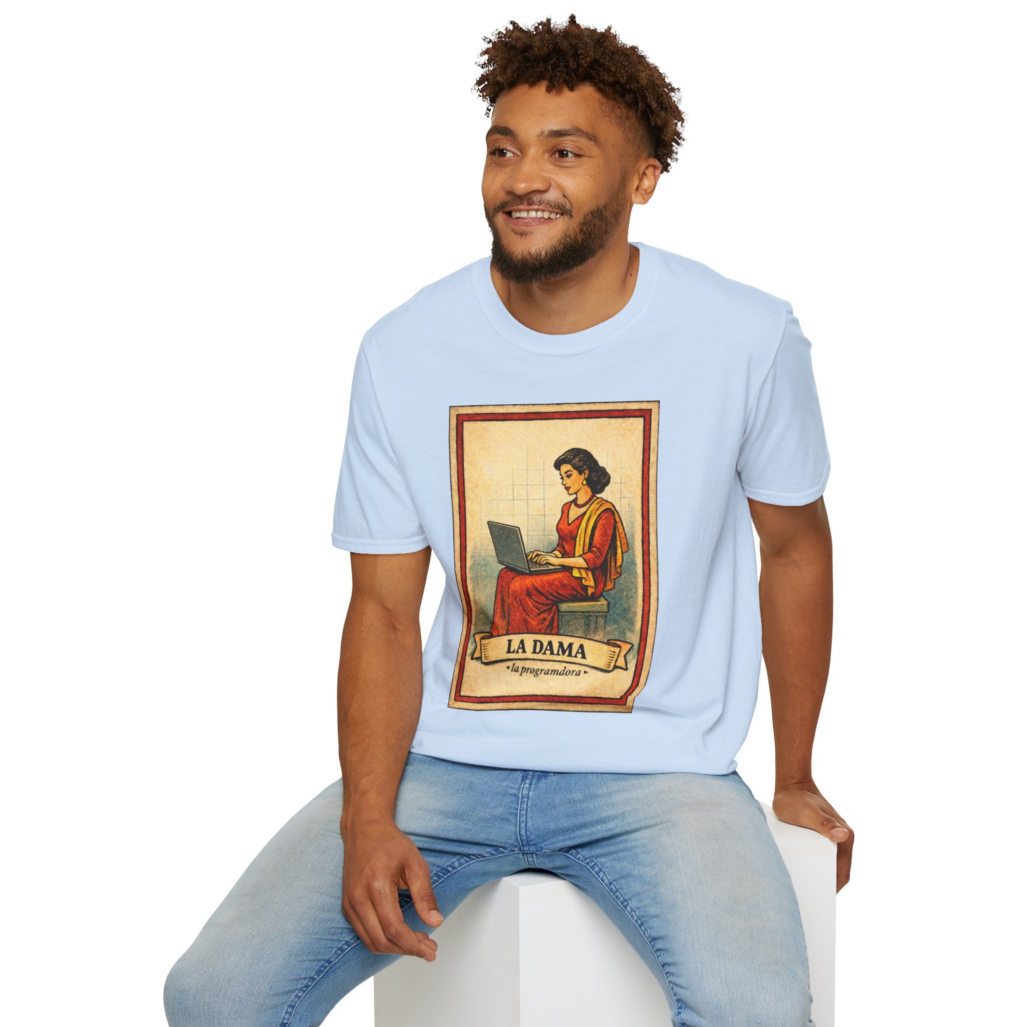 La Dama Laptop Tee — Vintage Lotería Style T-Shirt