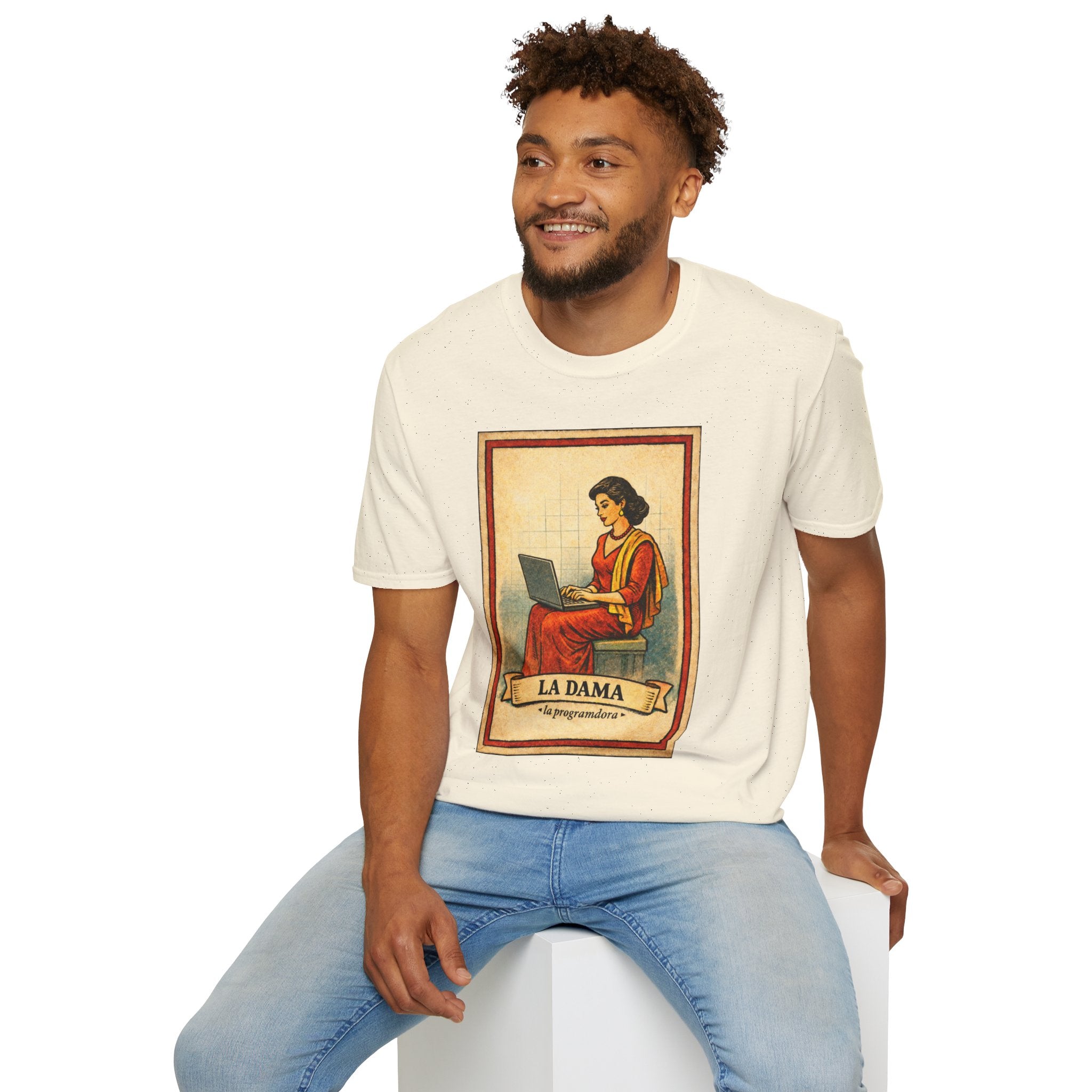 La Dama Laptop Tee — Vintage Lotería Style T-Shirt