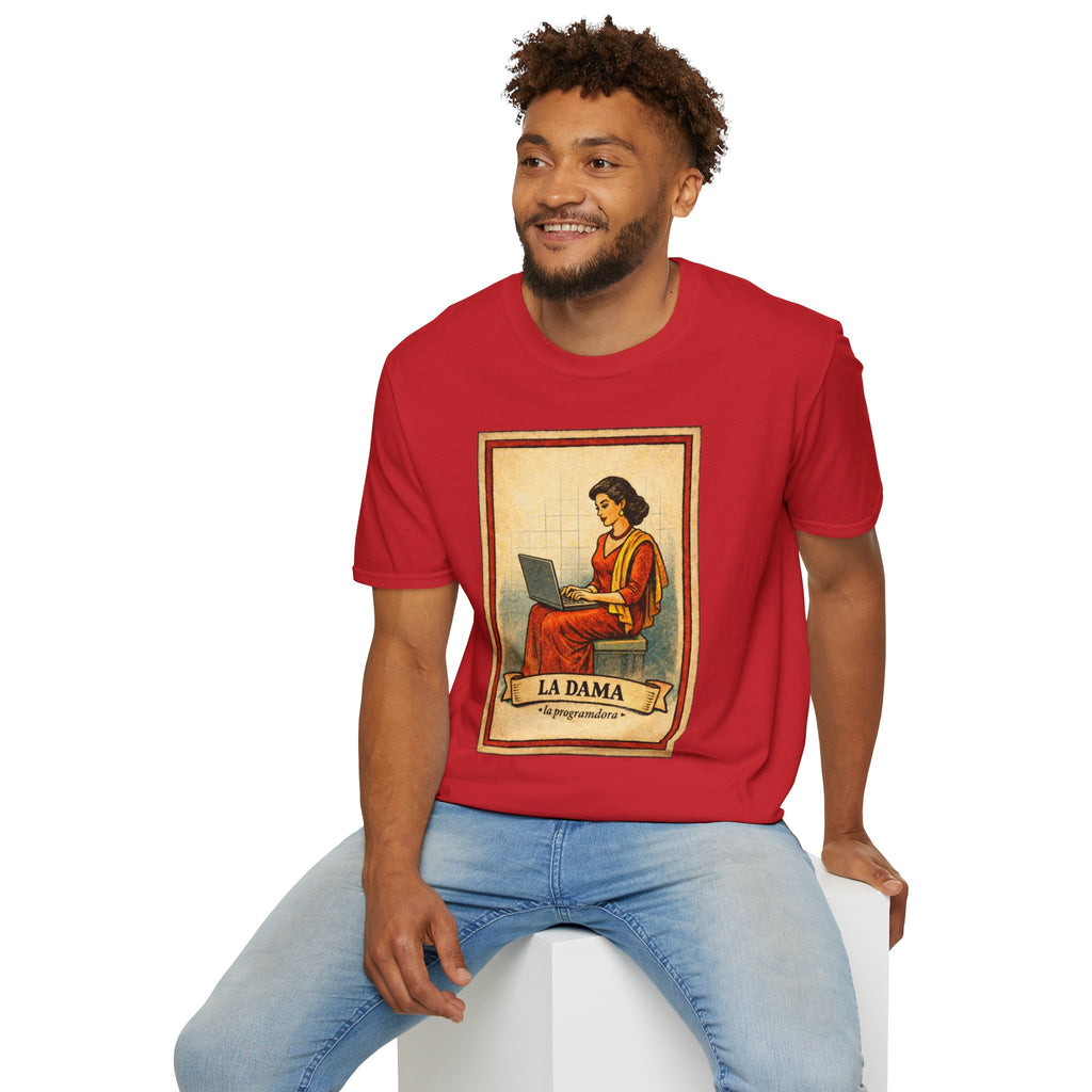 La Dama Laptop Tee — Vintage Lotería Style T-Shirt