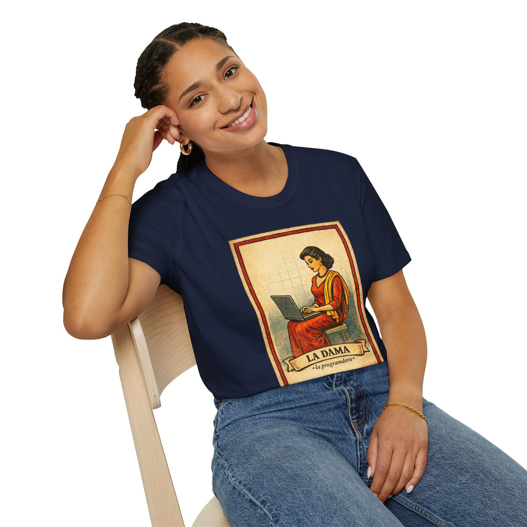 La Dama Laptop Tee — Vintage Lotería Style T-Shirt