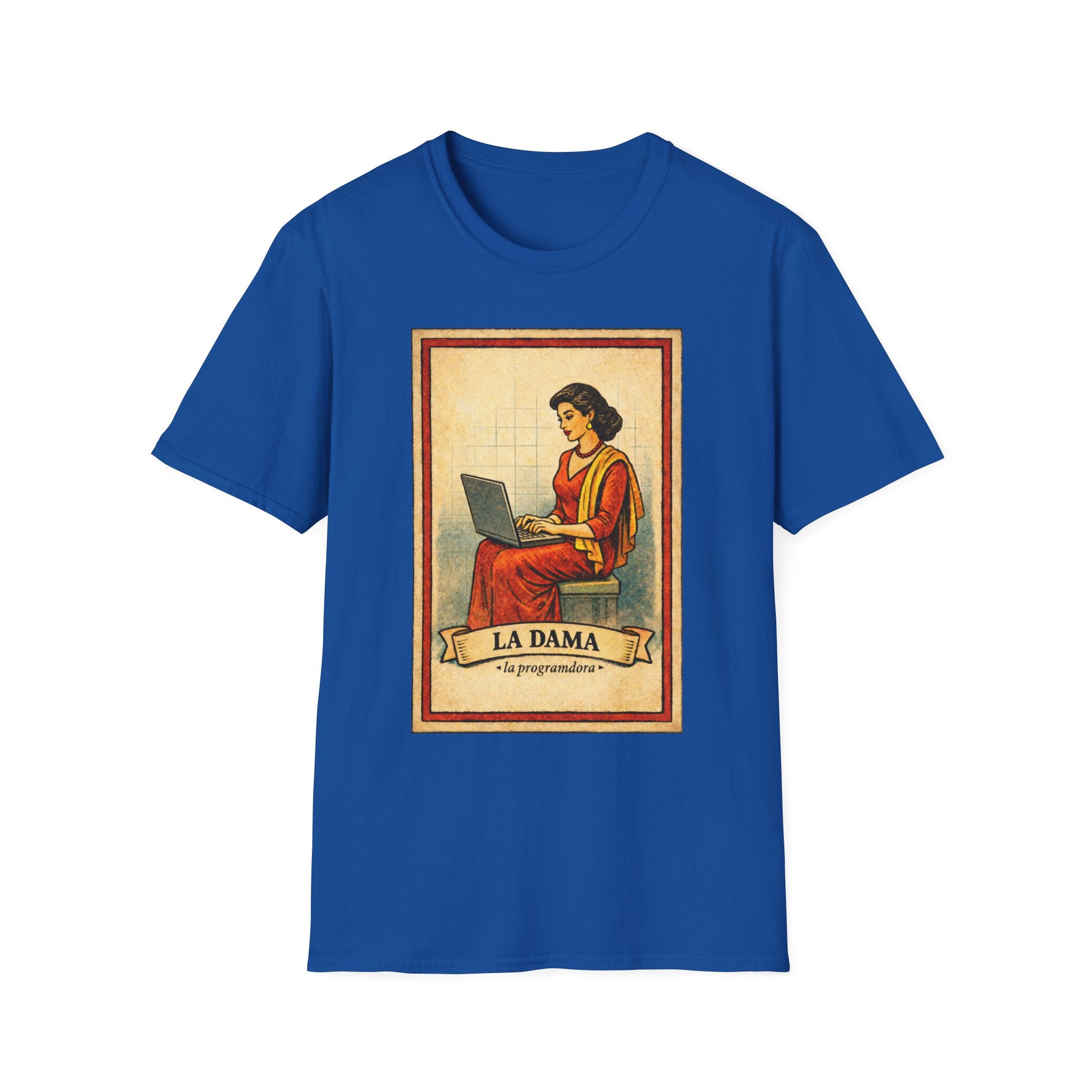 La Dama Laptop Tee — Vintage Lotería Style T-Shirt