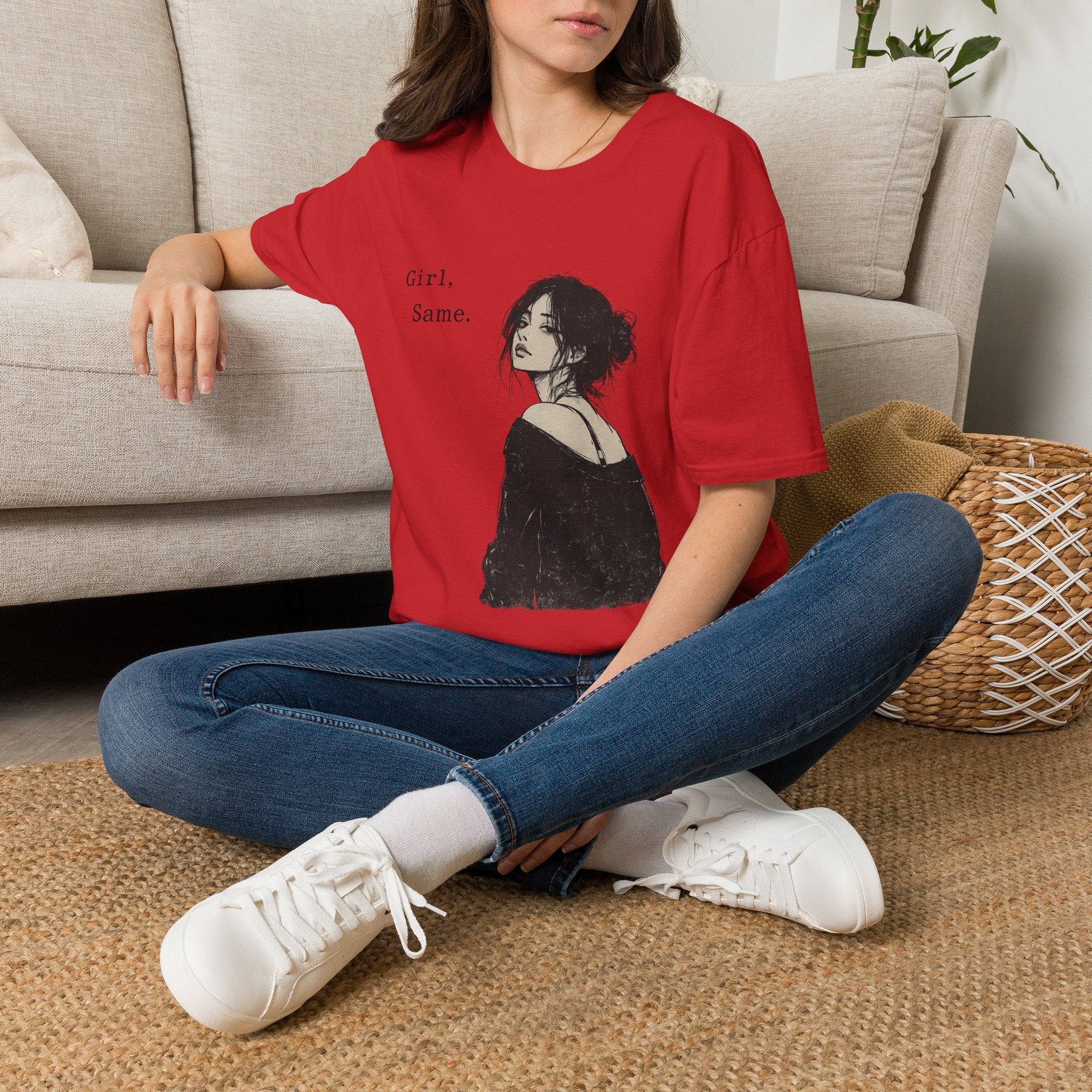 Girl, Same. T-Shirt — Graphic Casual Tee with Moody Portrait