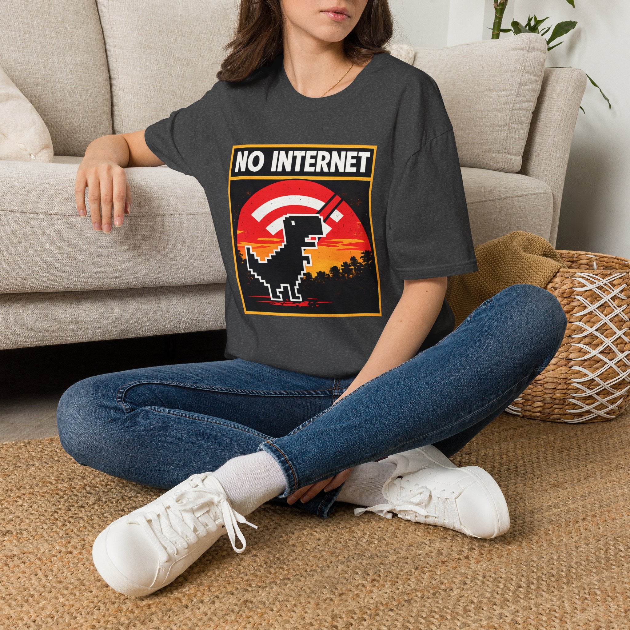 No Internet T-Shirt — Retro Dino Offline Graphic Tee