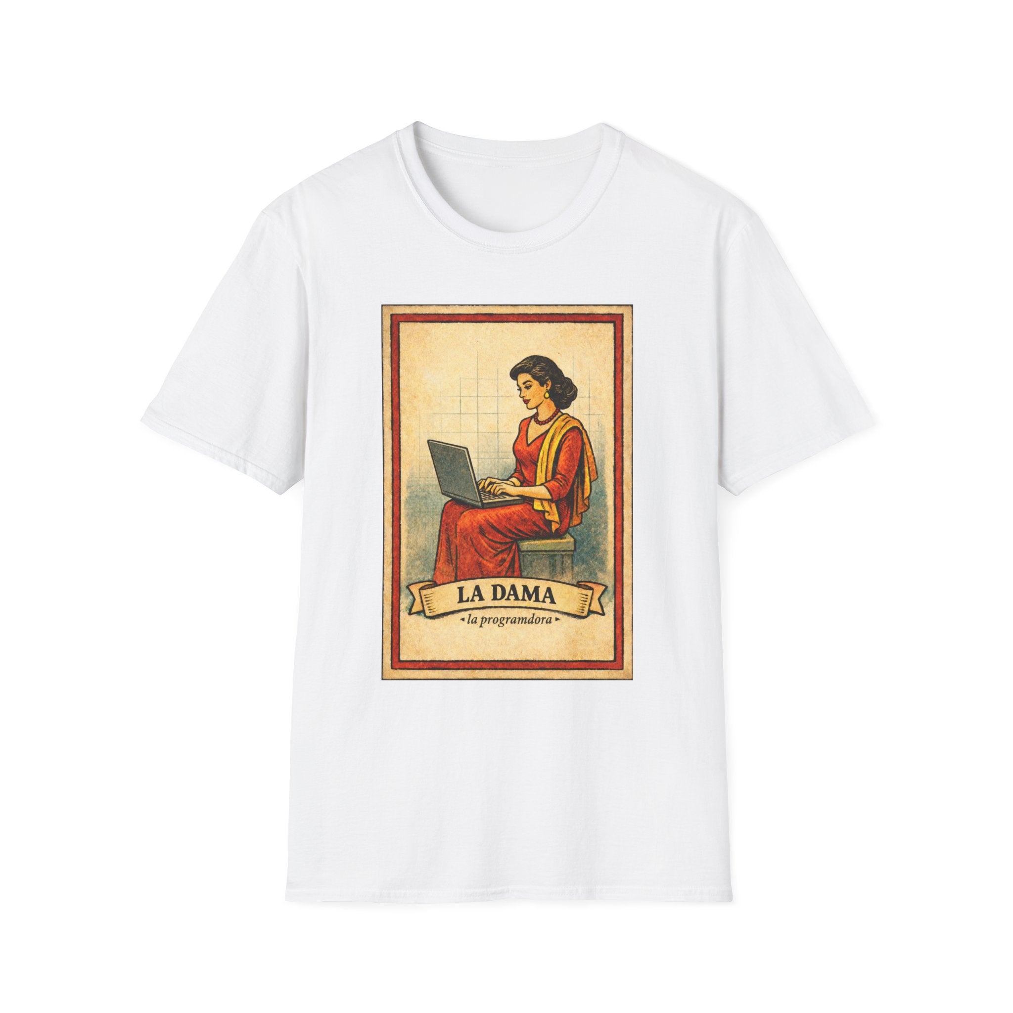 La Dama Laptop Tee — Vintage Lotería Style T-Shirt