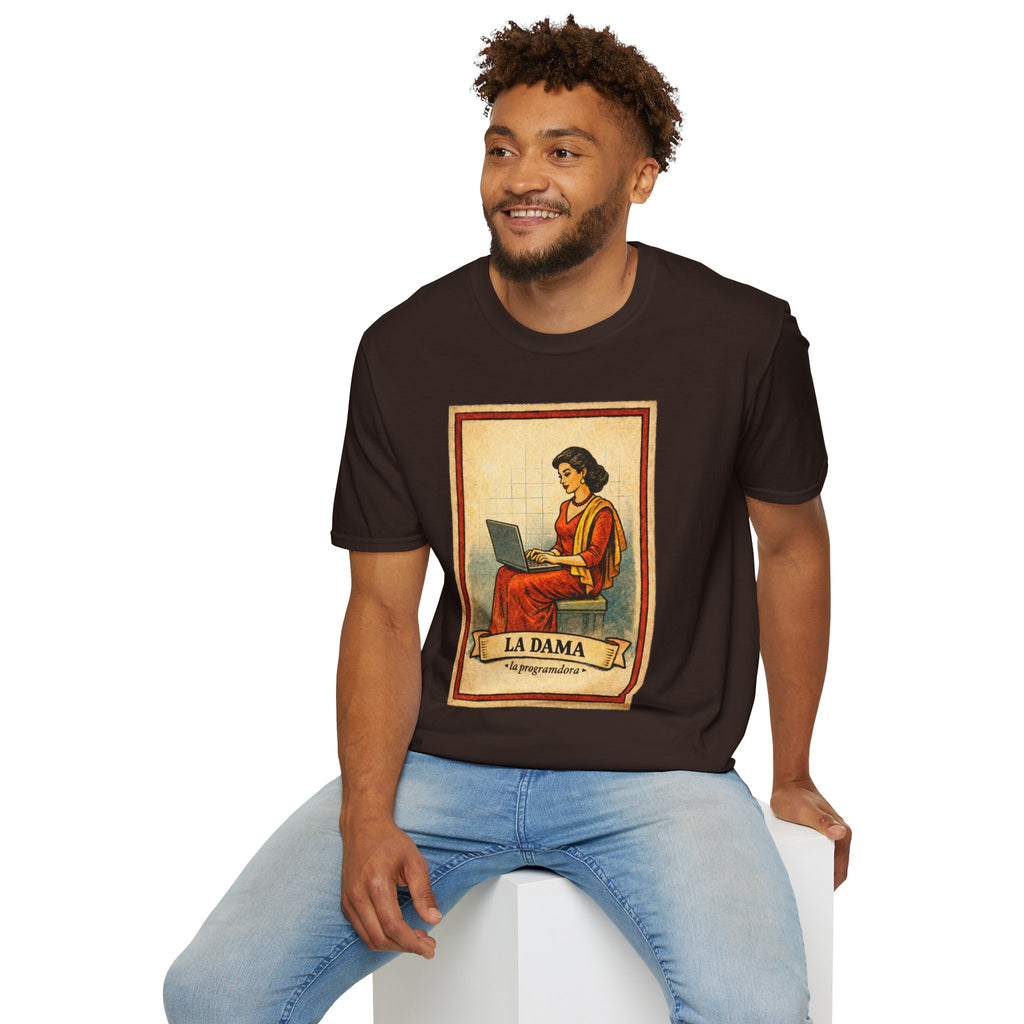 La Dama Laptop Tee — Vintage Lotería Style T-Shirt