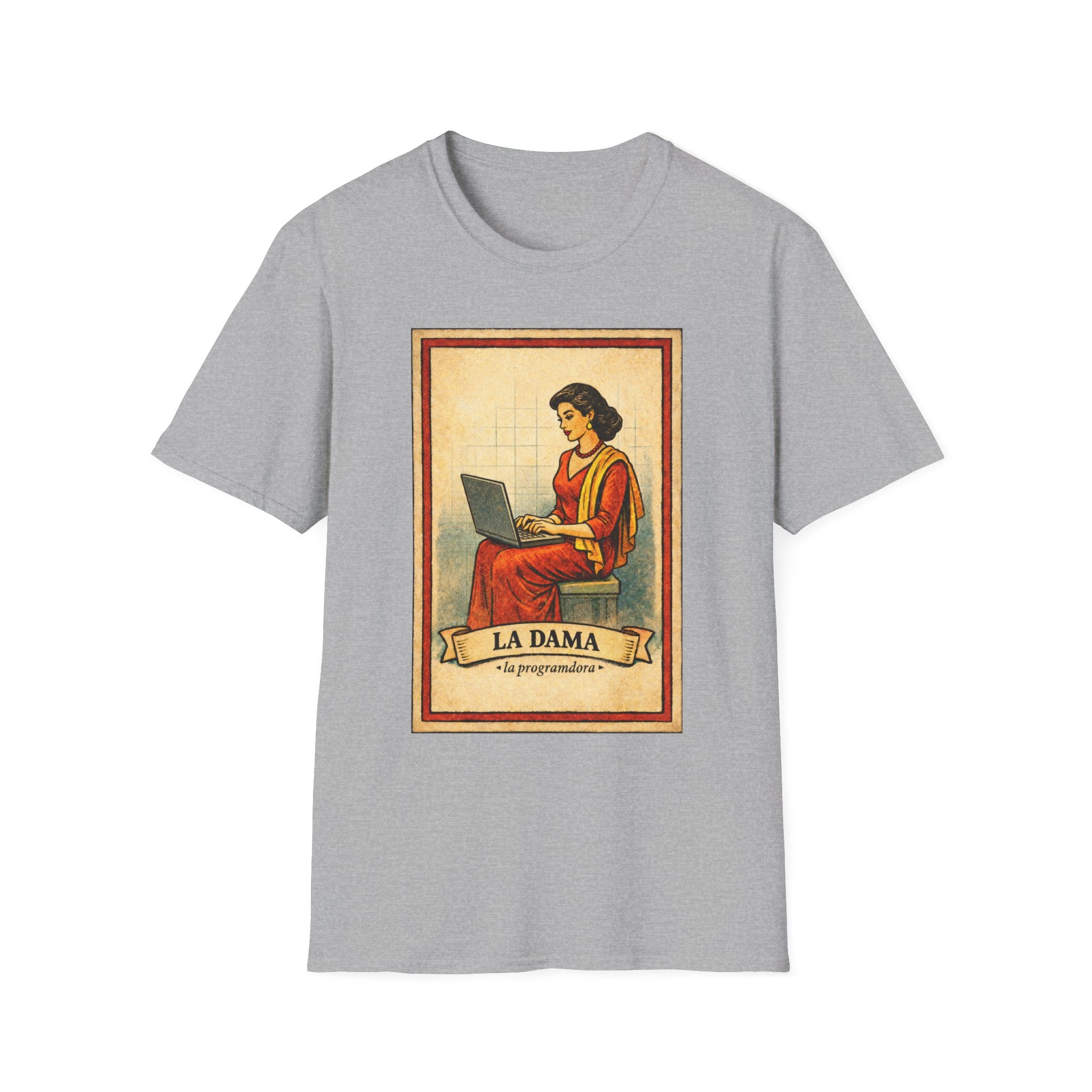 La Dama Laptop Tee — Vintage Lotería Style T-Shirt