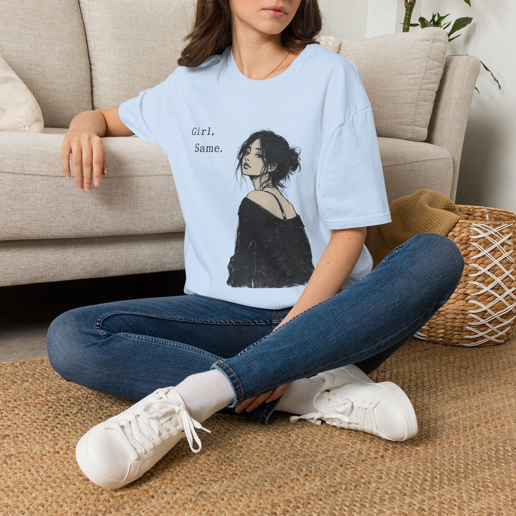 Girl, Same. T-Shirt — Graphic Casual Tee with Moody Portrait