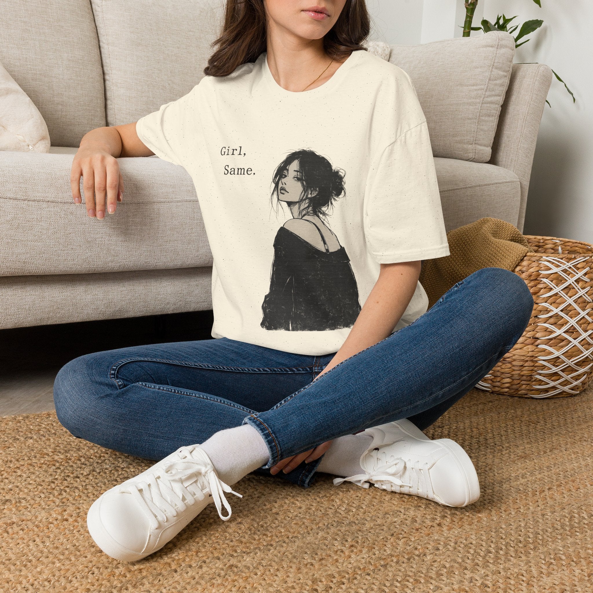 Girl, Same. T-Shirt — Graphic Casual Tee with Moody Portrait