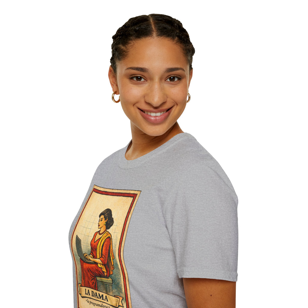 La Dama Laptop Tee — Vintage Lotería Style T-Shirt