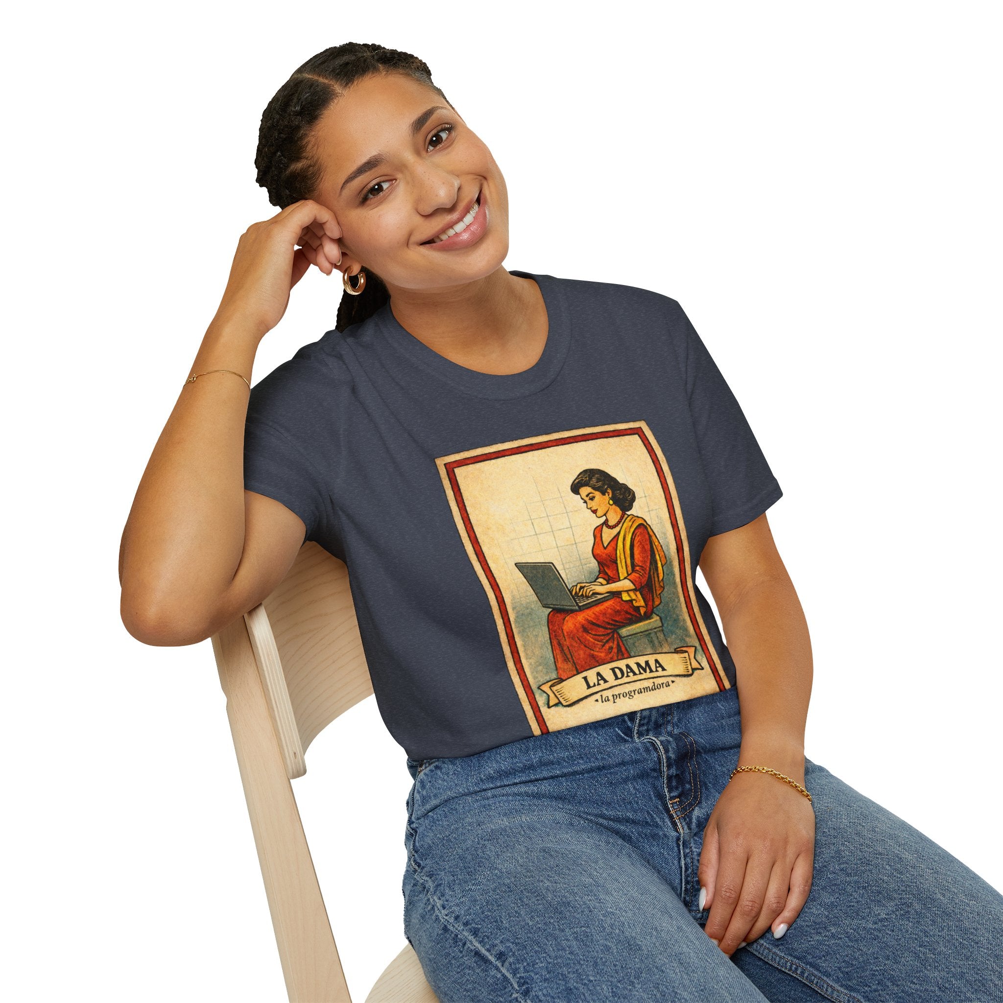 La Dama Laptop Tee — Vintage Lotería Style T-Shirt