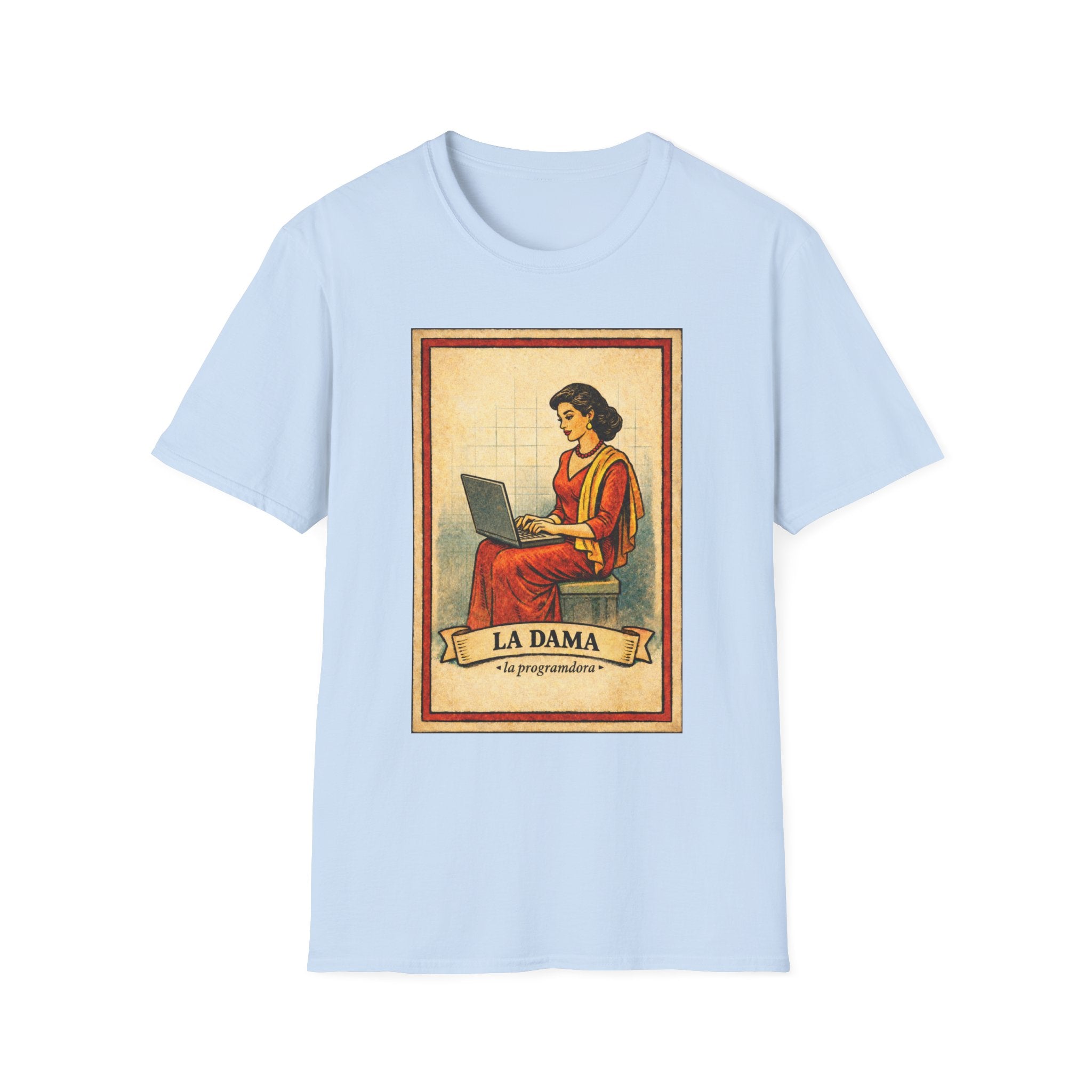 La Dama Laptop Tee — Vintage Lotería Style T-Shirt