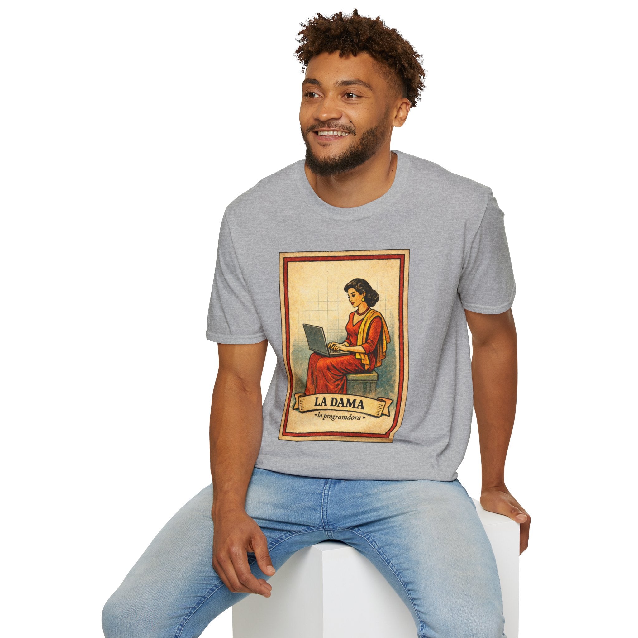 La Dama Laptop Tee — Vintage Lotería Style T-Shirt