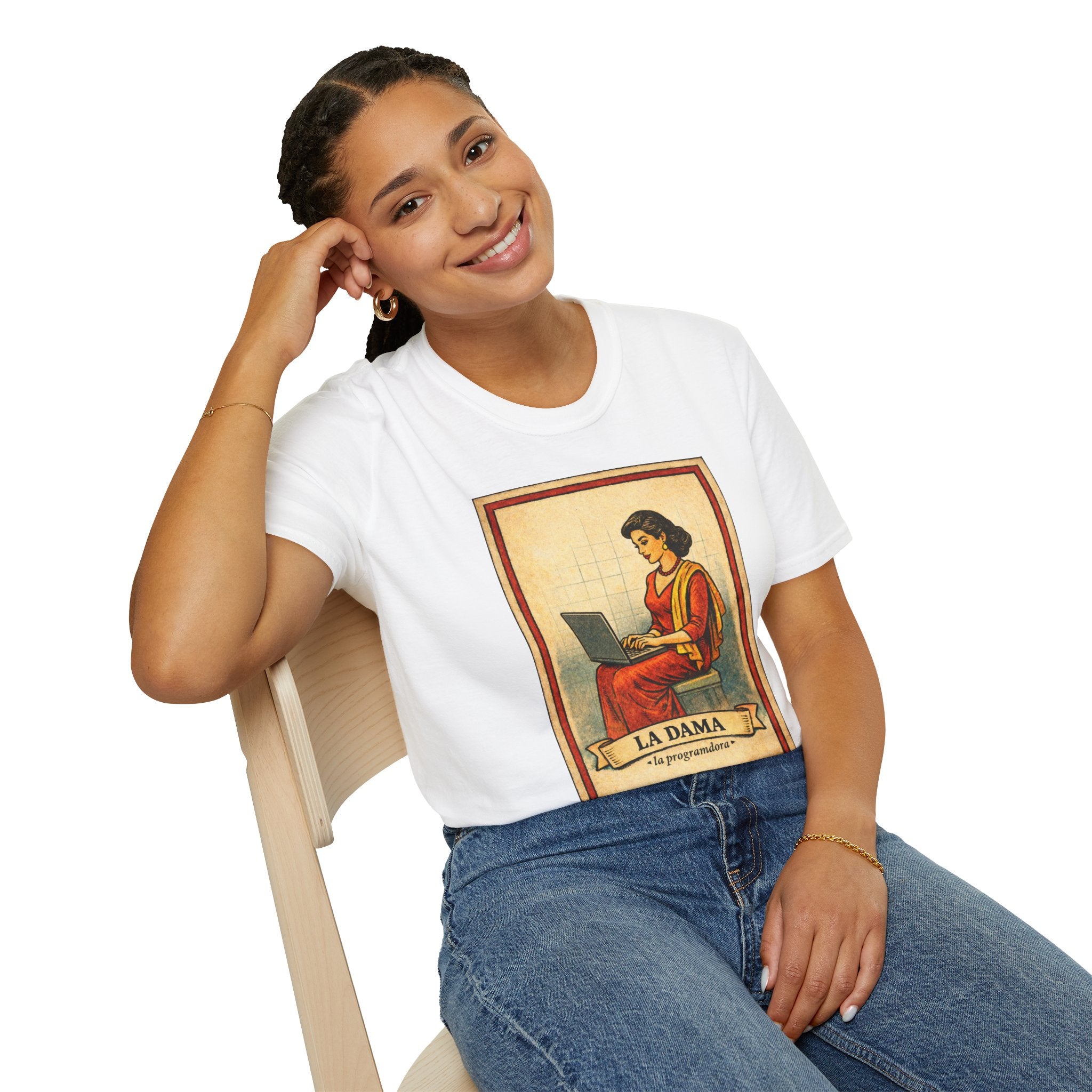 La Dama Laptop Tee — Vintage Lotería Style T-Shirt